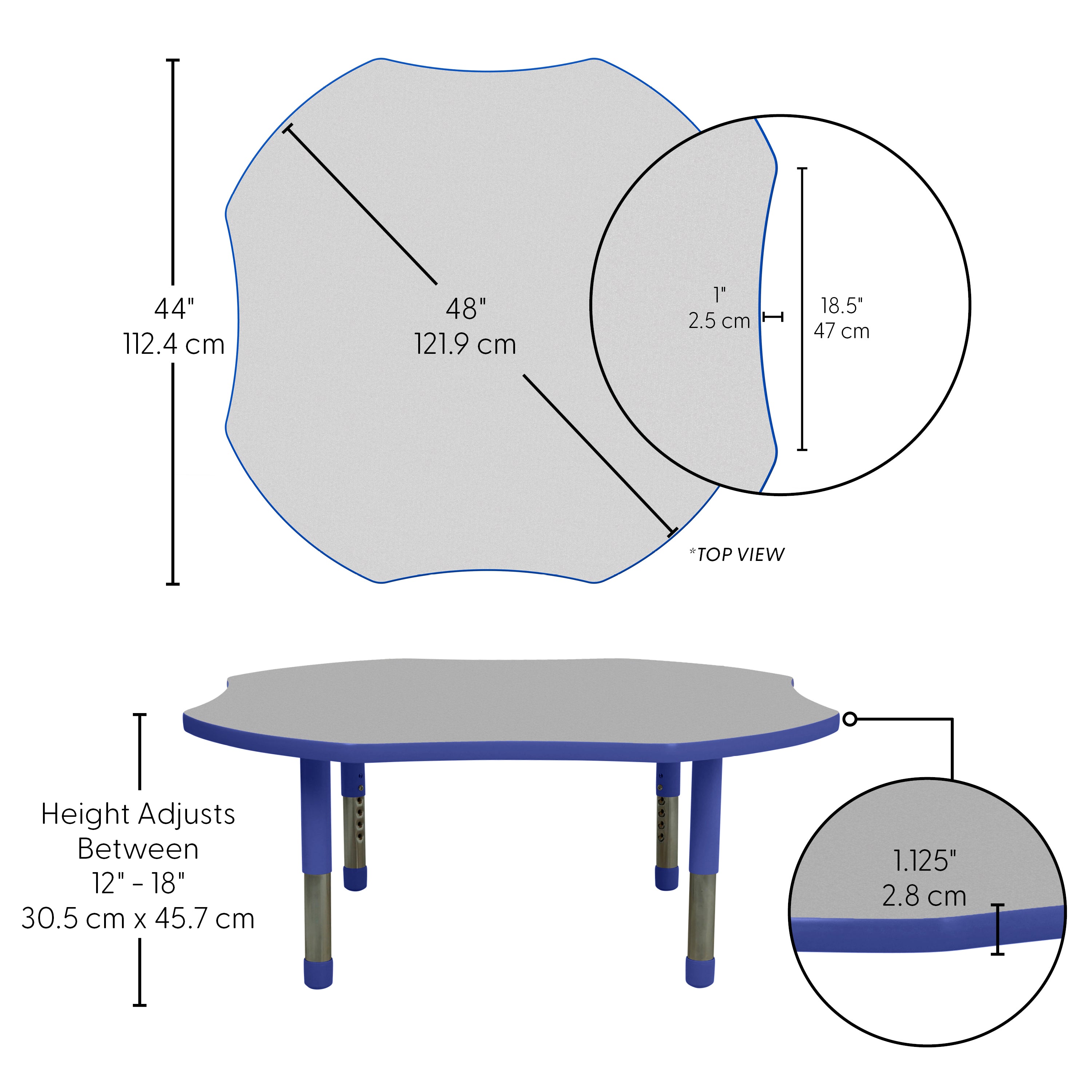 48" x 48" Clover T-Molding Activity Table with Adjustable Tiny Tot Legs - Gray/Blue