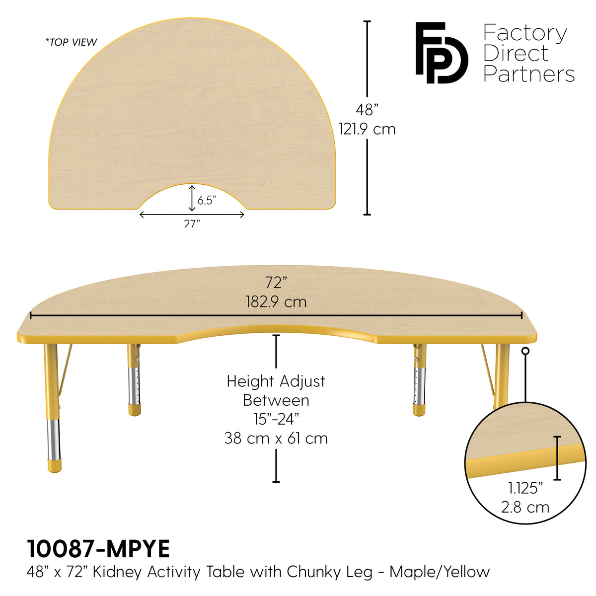 48" x 72" Kidney T-Molding Activity Table with Adjustable Chunky Legs - Maple/Yellow