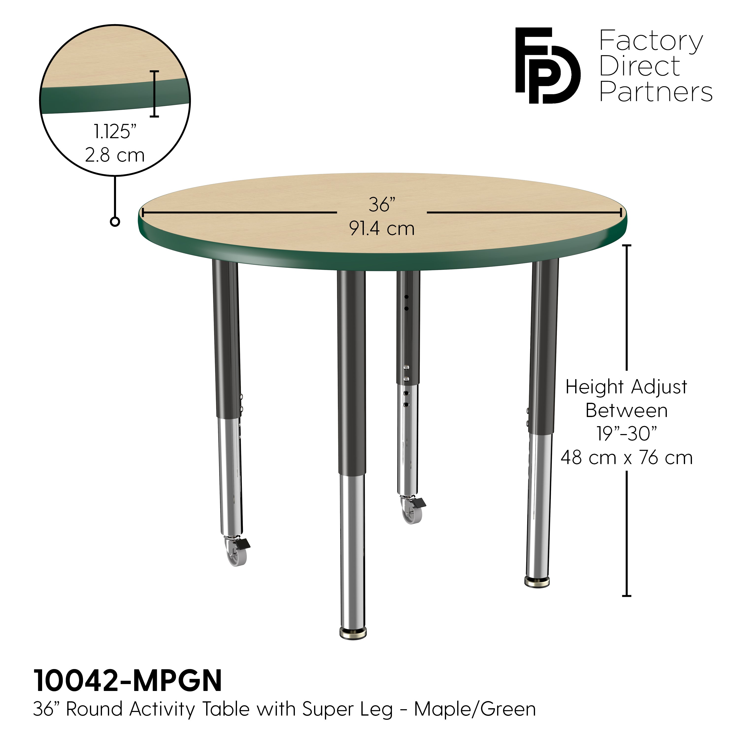 36" Round T-Molding Activity Table with Adjustable Super Legs - Maple/Green/Black