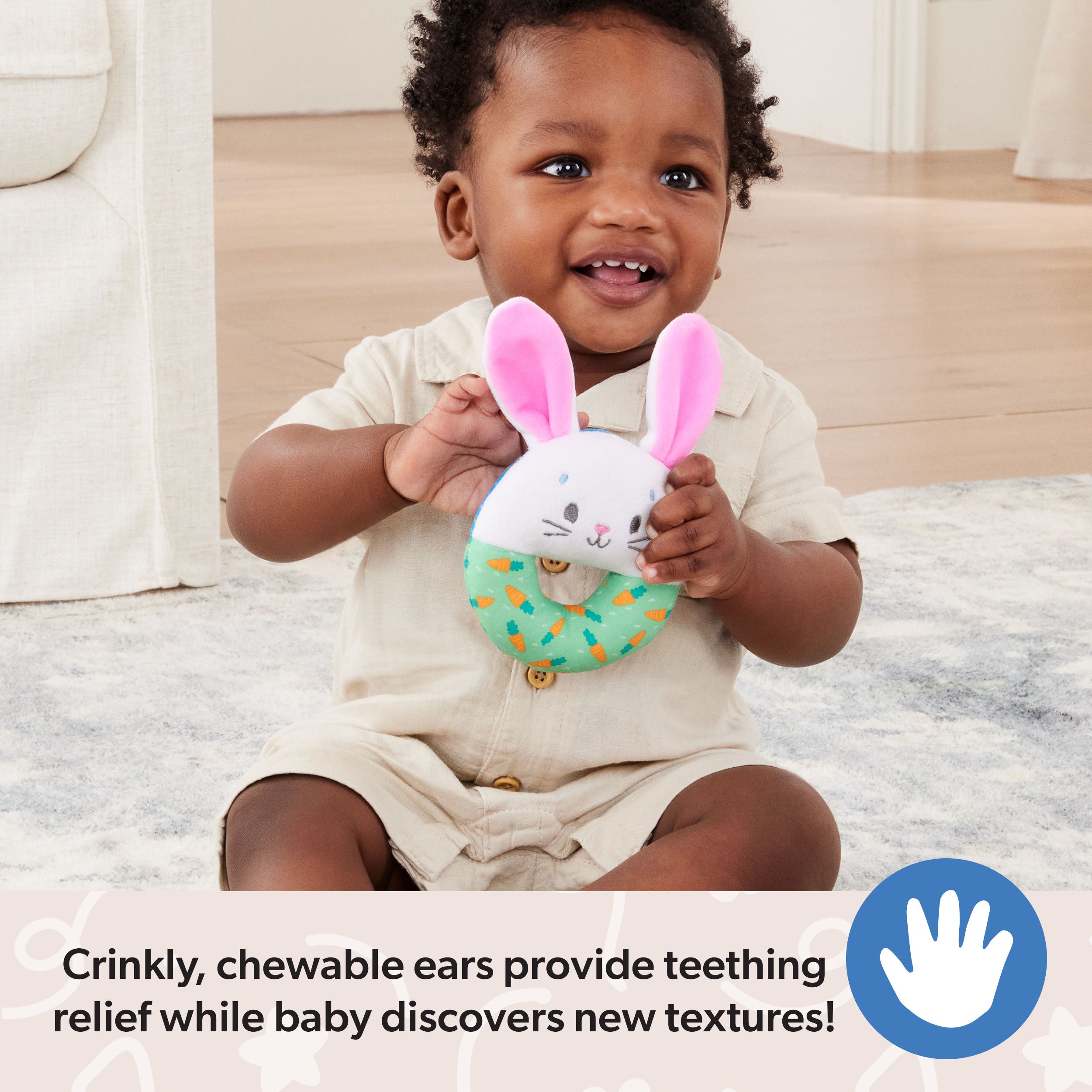 Ms. Rachel Official Hop Little Bunnies Soft Rattle Toy, Baby Teething Toys with Plush Bunny Cover, Toddler Toys for Girls & Boys for Ages 3 Months to 1+
