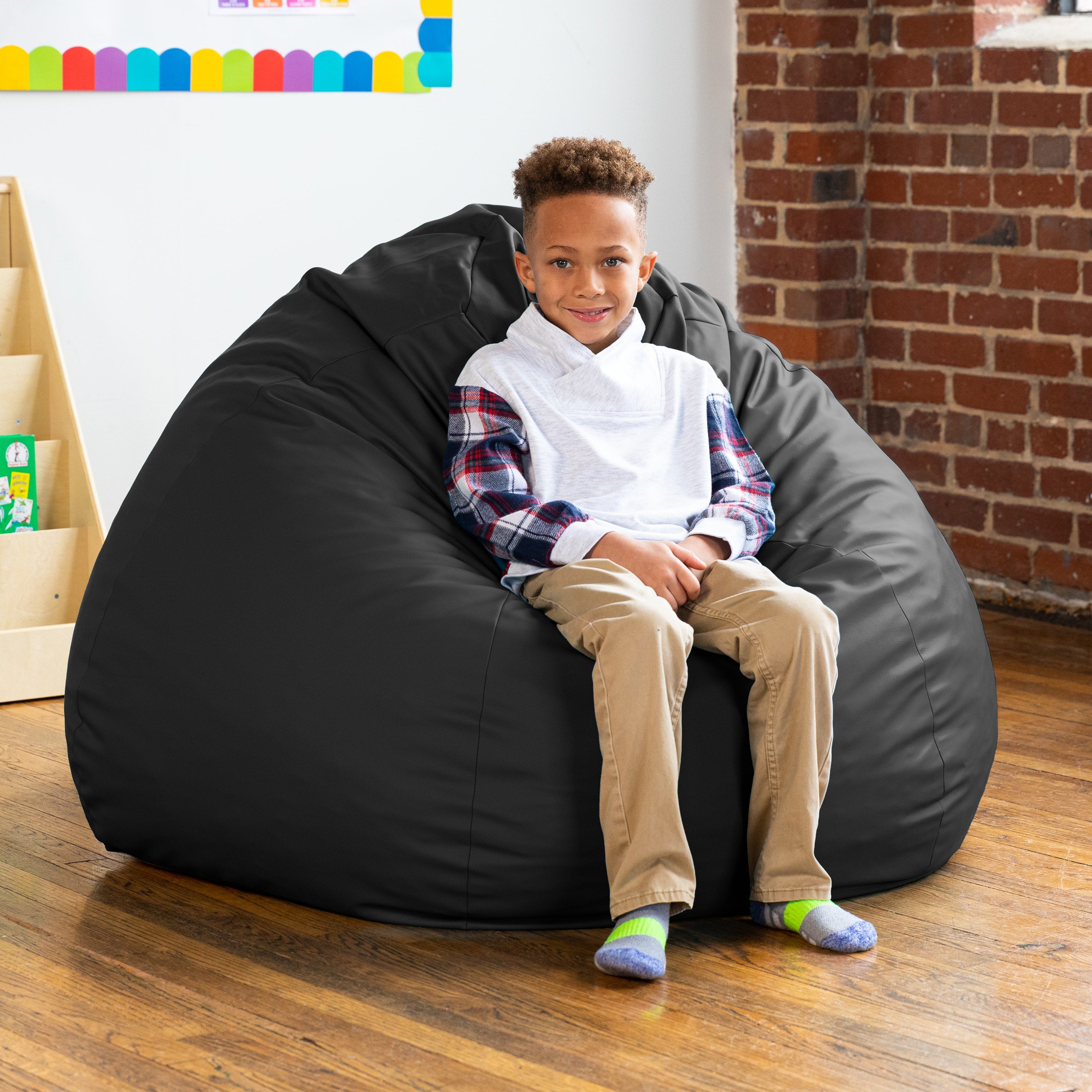 Jaxx Gumdrop Commercial Grade Bean Bag for Educational Environments, Large Size - Premium Vinyl - Black