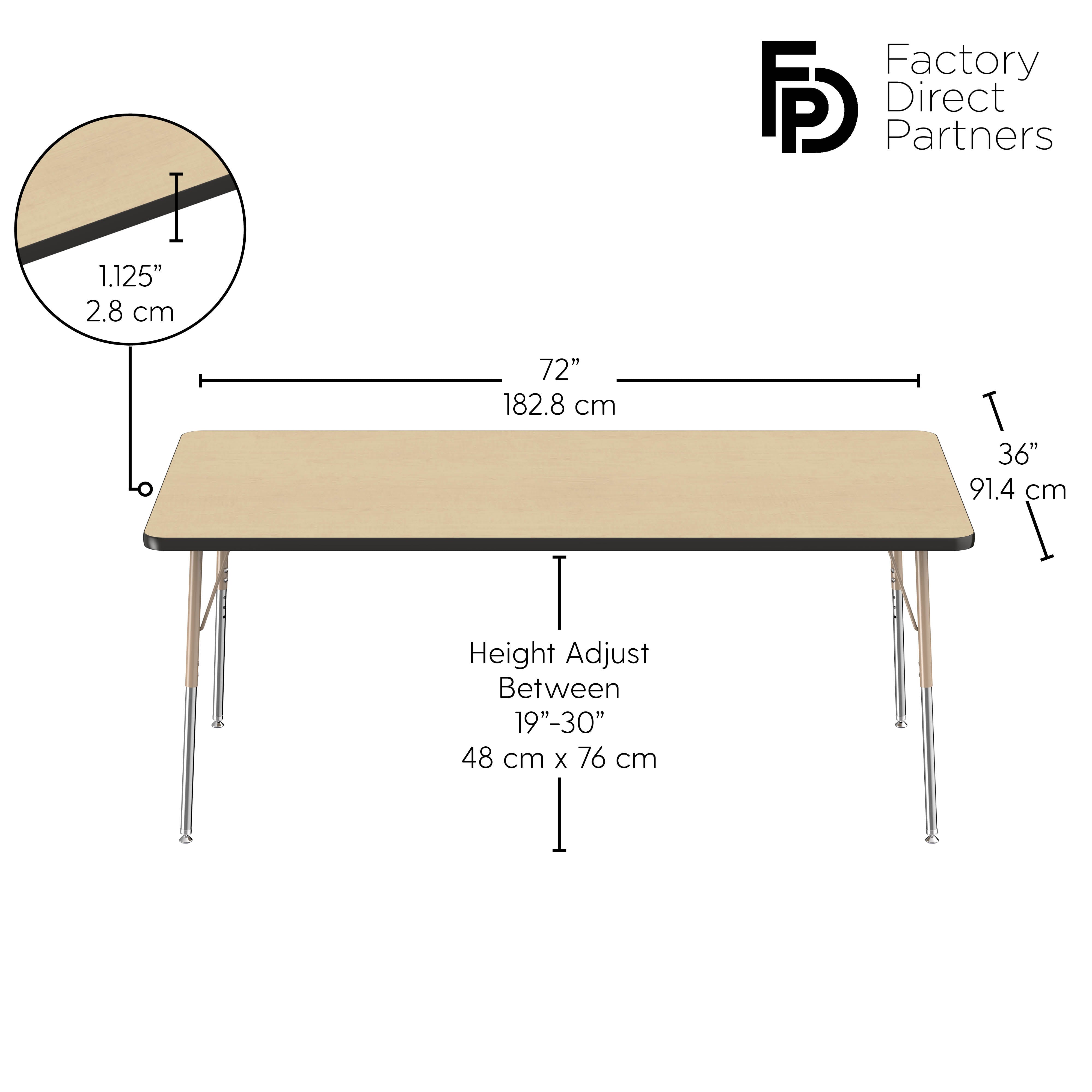 36" x 72" Rectangle T-Molding Activity Table with Adjustable Standard Swivel Glide Legs - Maple/Black/Sand