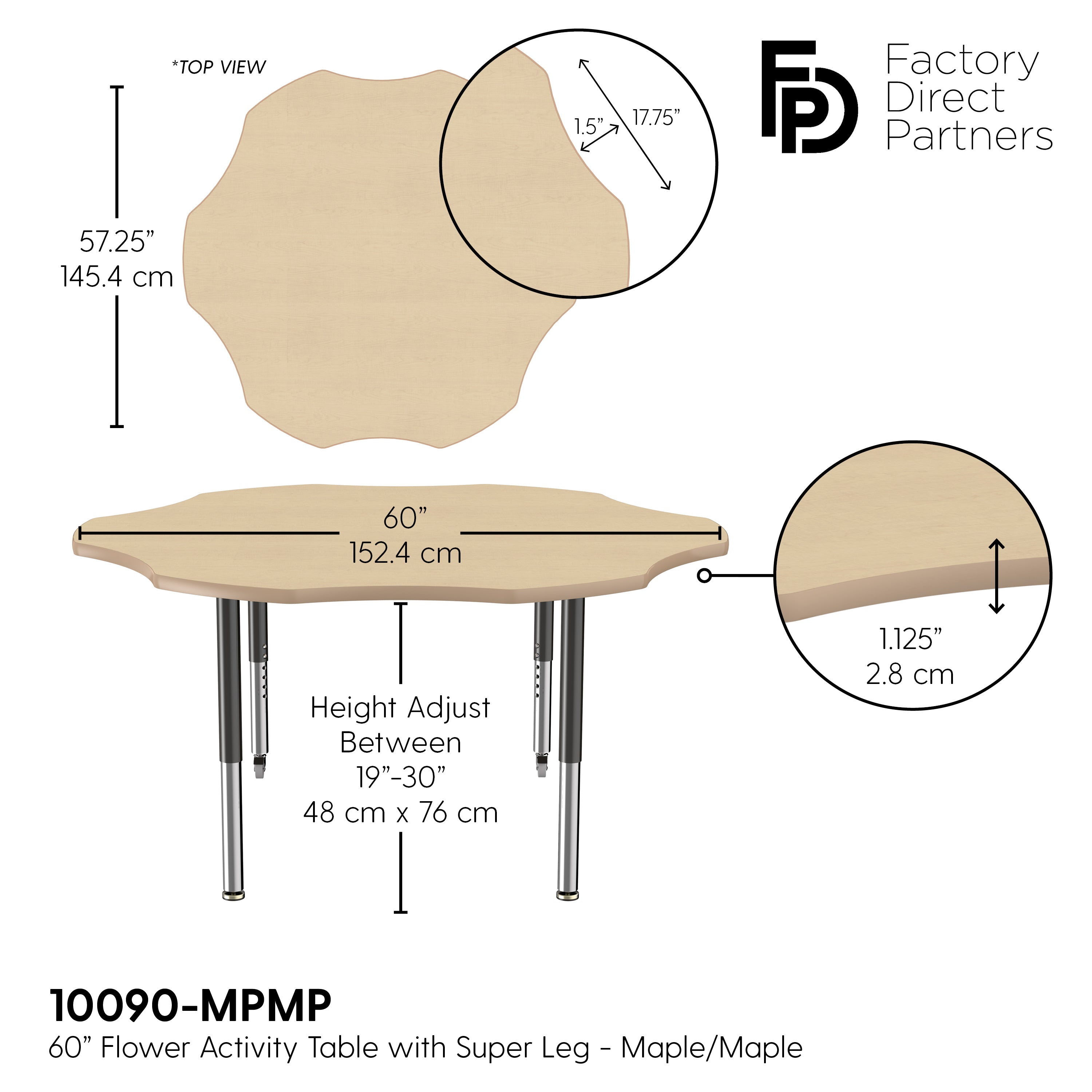 60" x 60" Flower T-Molding Activity Table with Adjustable Super Legs - Maple/Maple/Black