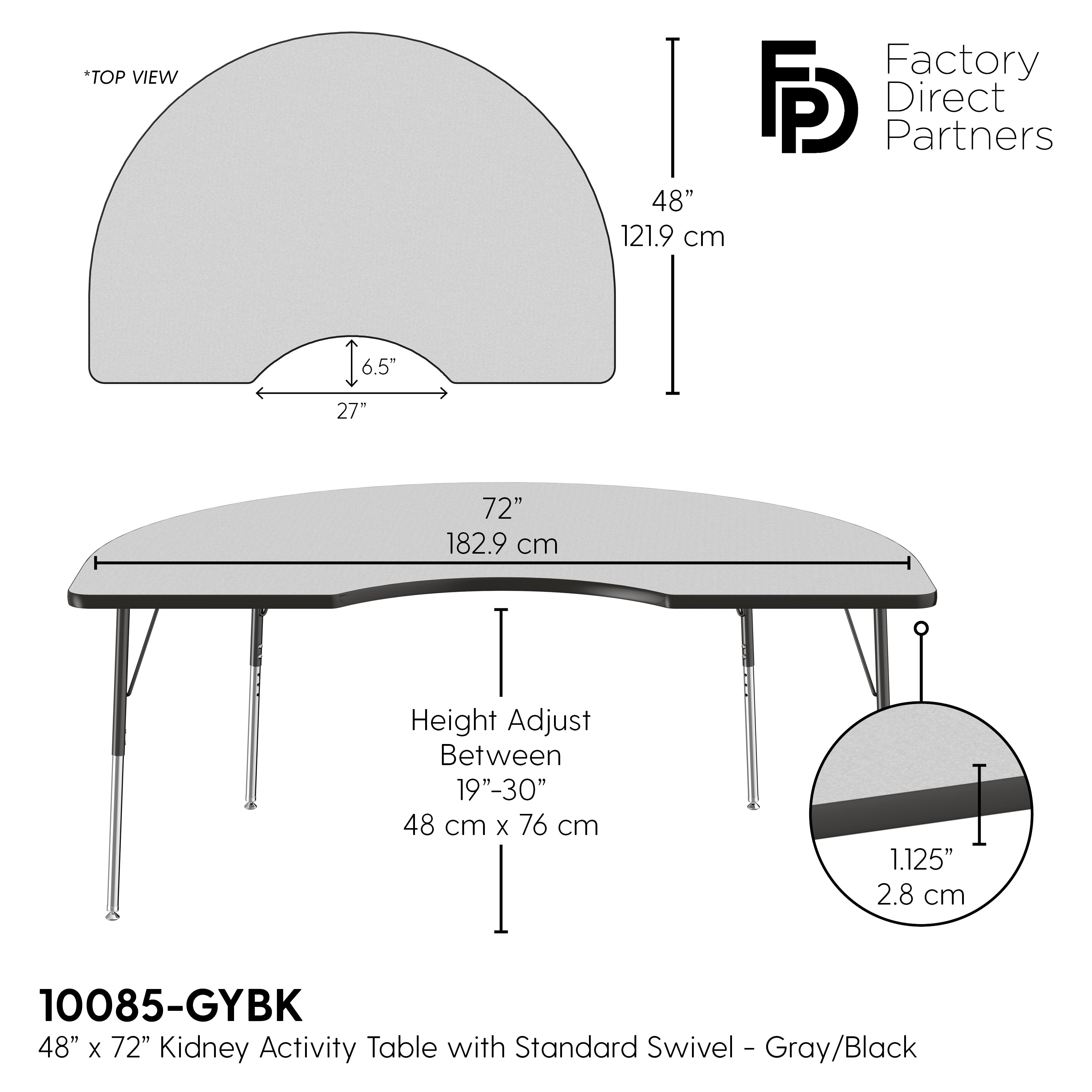 48" x 72" Kidney T-Molding Activity Table with Adjustable Standard Swivel Glide Legs - Gray/Black