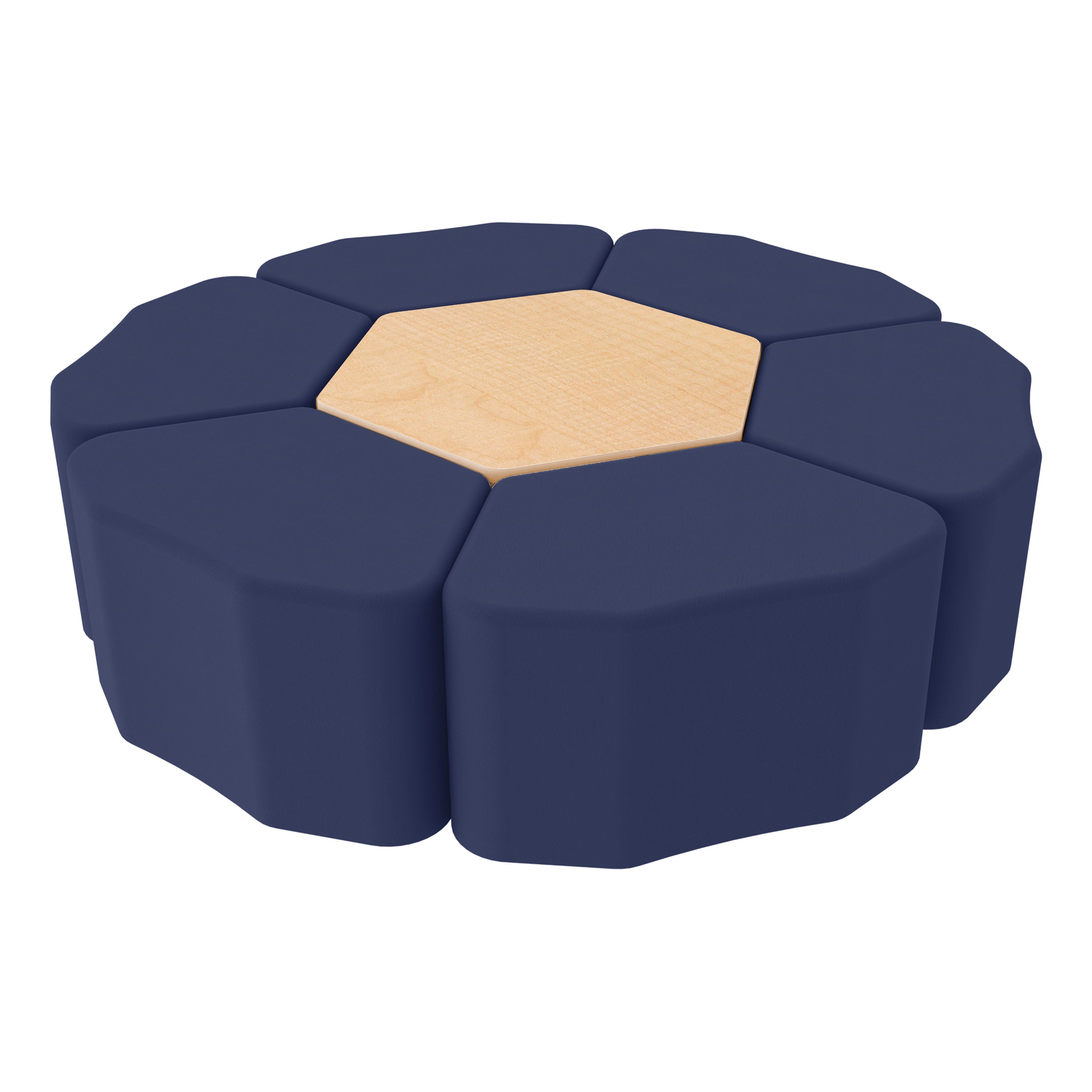 Pro Series Hexagon Ottoman Table with Petal 18" H Seating, 7-Piece Set - Navy/Maple