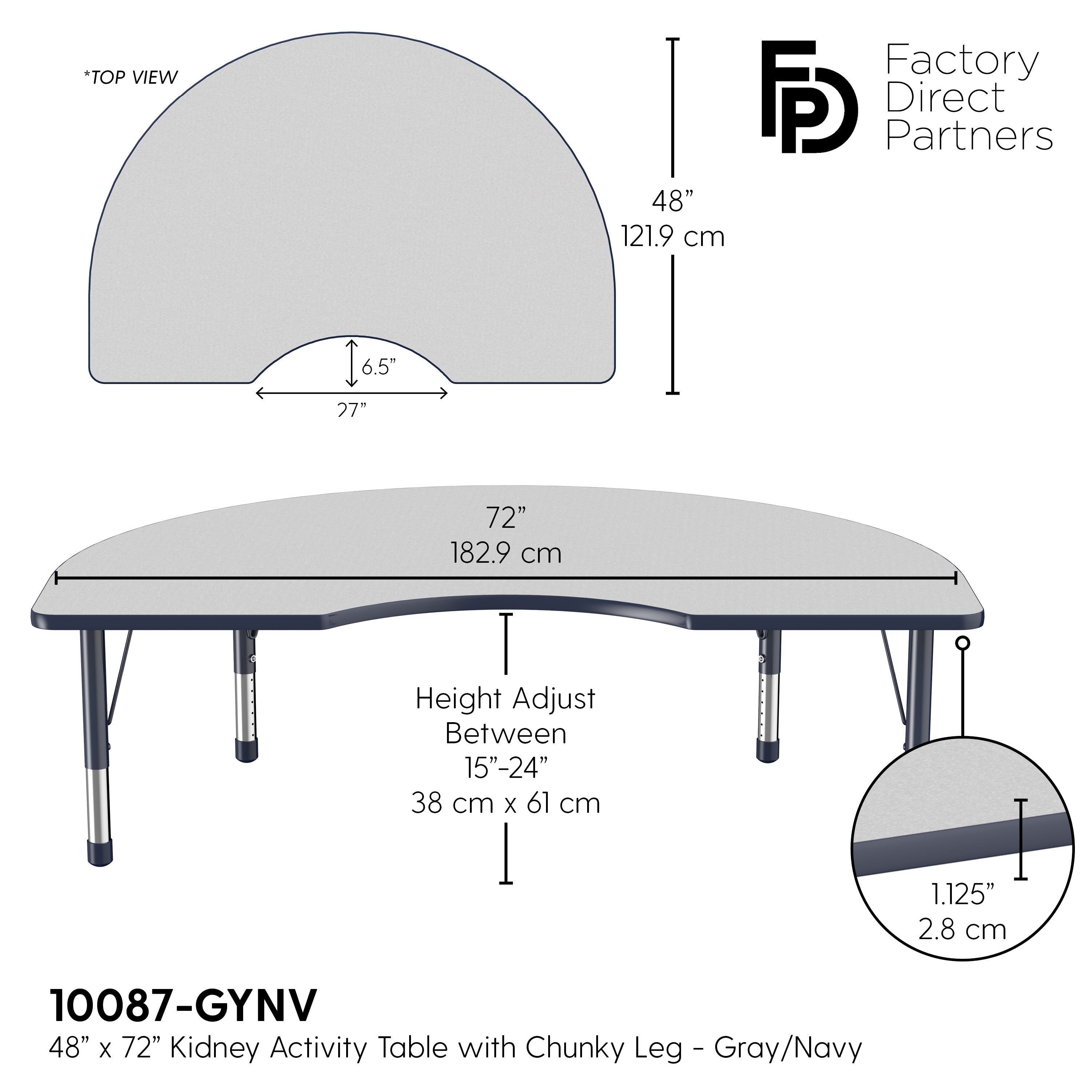 48" x 72" Kidney T-Molding Activity Table with Adjustable Chunky Legs - Gray/Navy