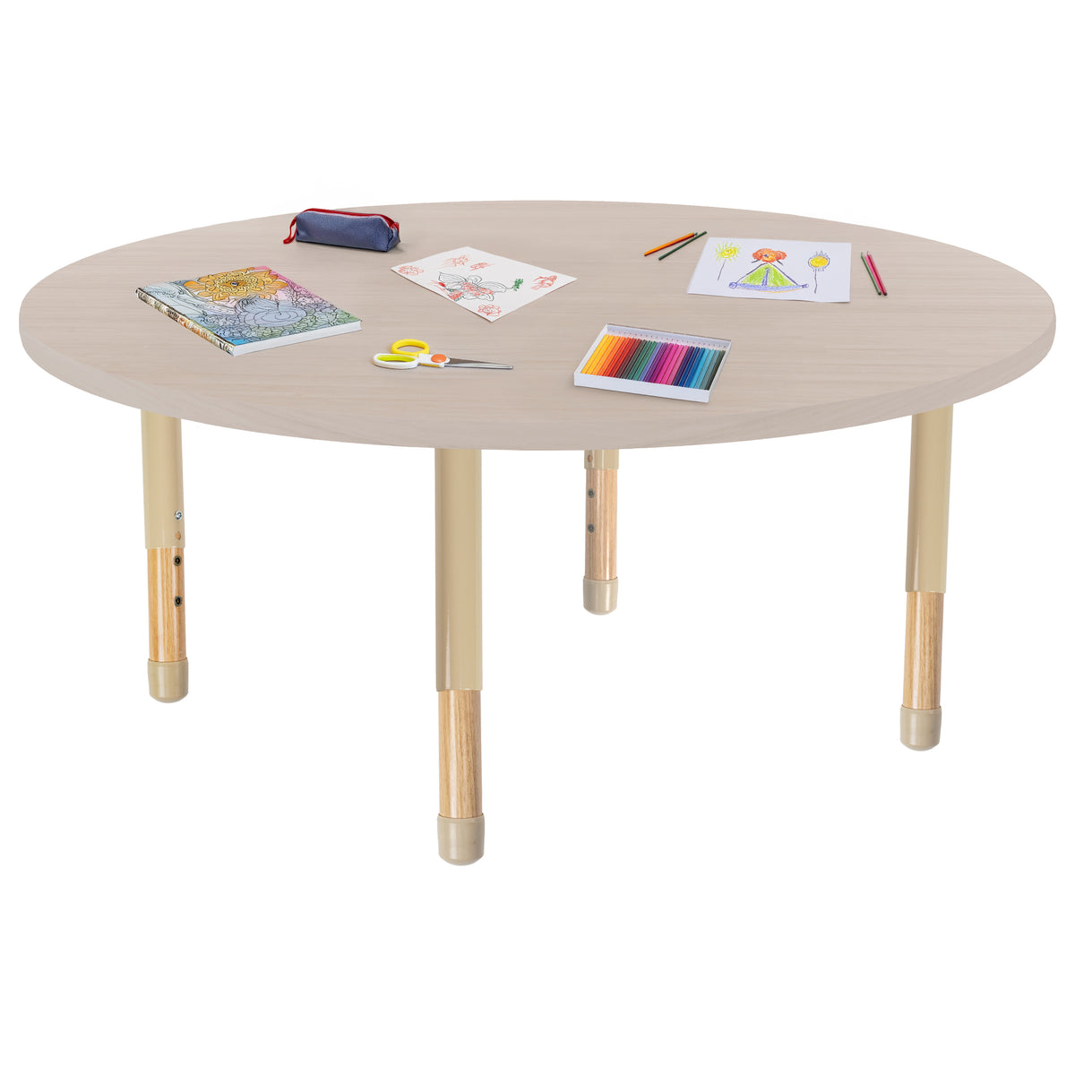 48" x 48" Round Thermofused Activity Table with Adjustable Chunky Wood Legs - Asian Sand/Sand/Natural