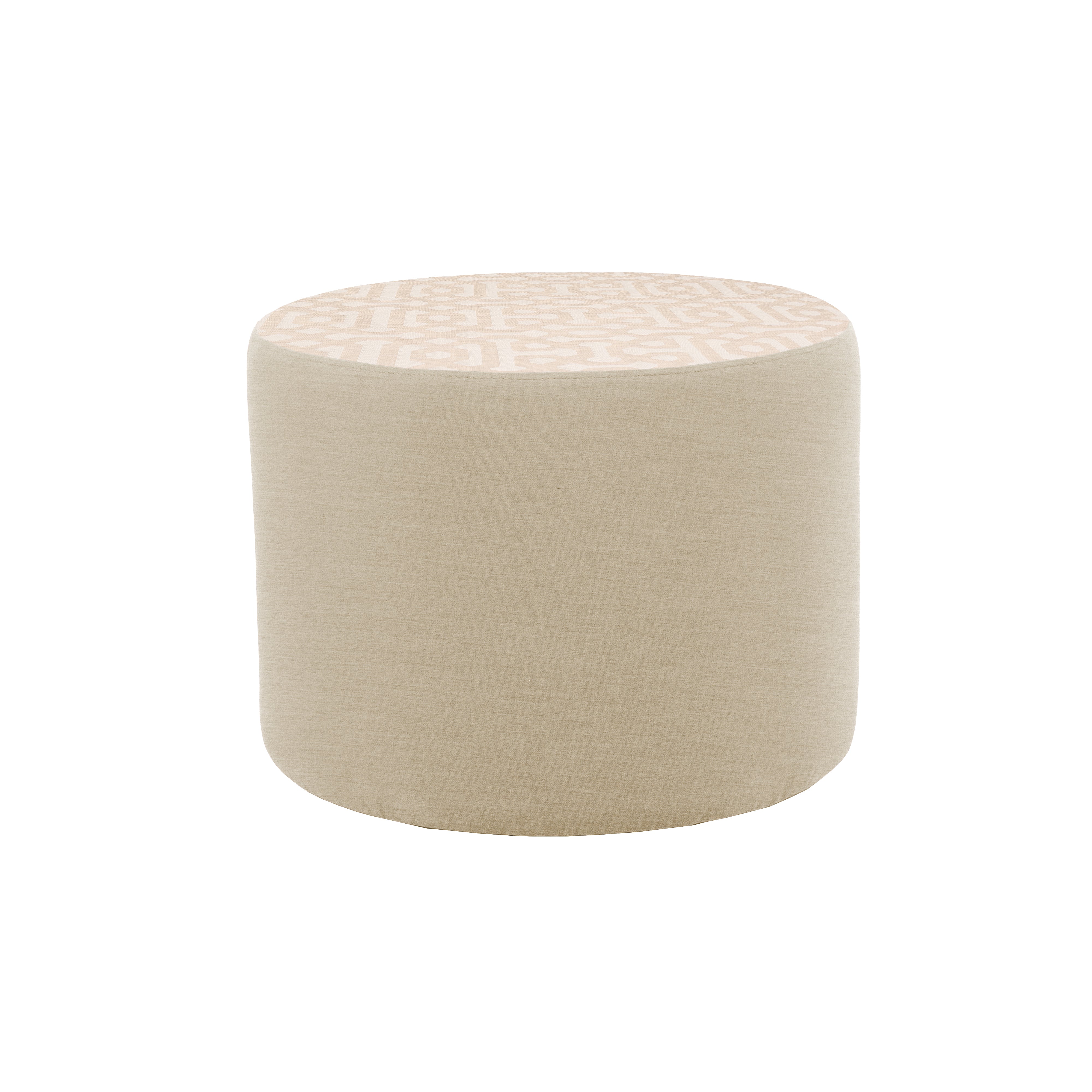 Outdoor 24" Round Ottoman with Sunbrella, 18" H - Fretwork Flax/Spectrum Sand
