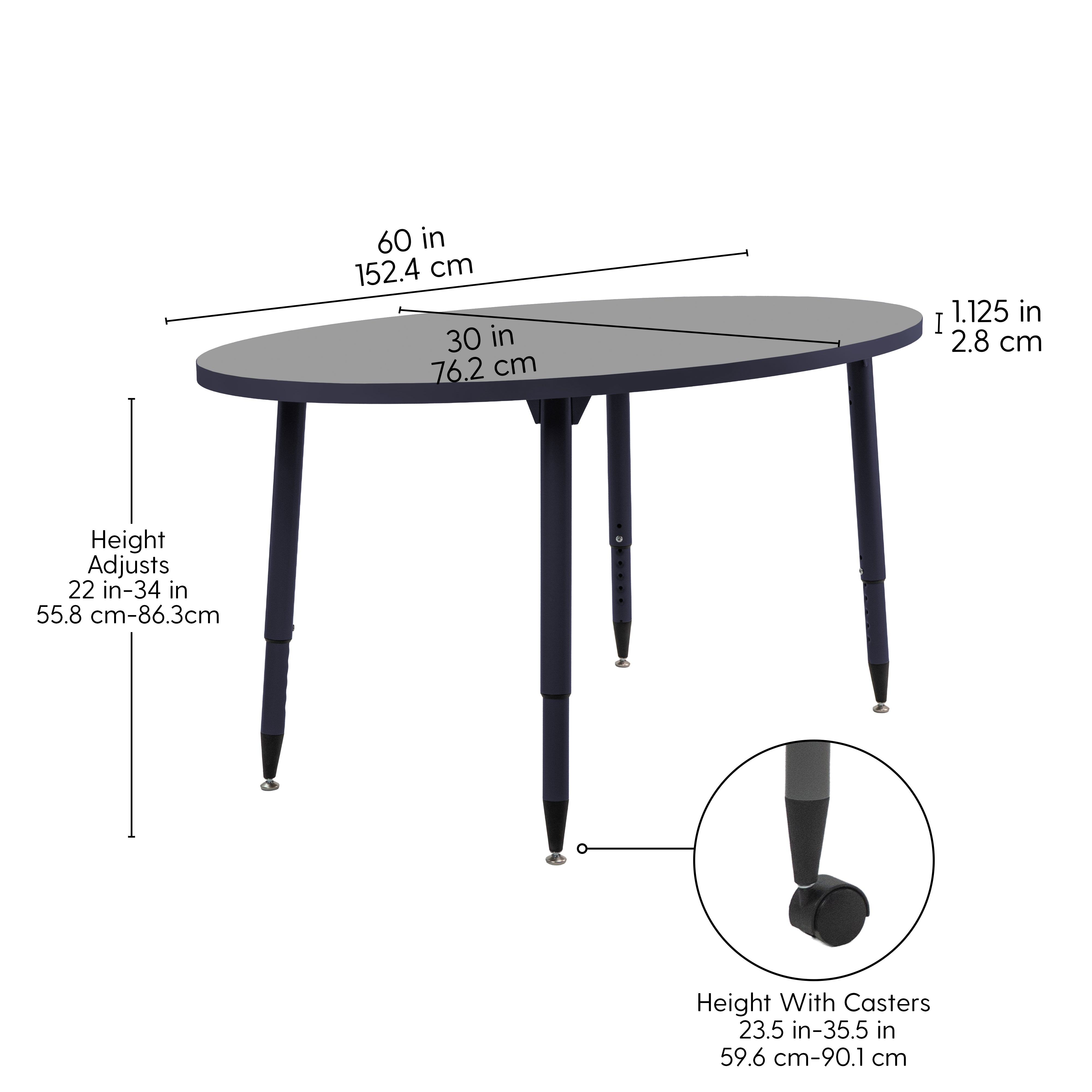 Adapte 30" x 60" Oval Thermofused Activity Table with Adjustable Tapered Legs - Gray/Navy
