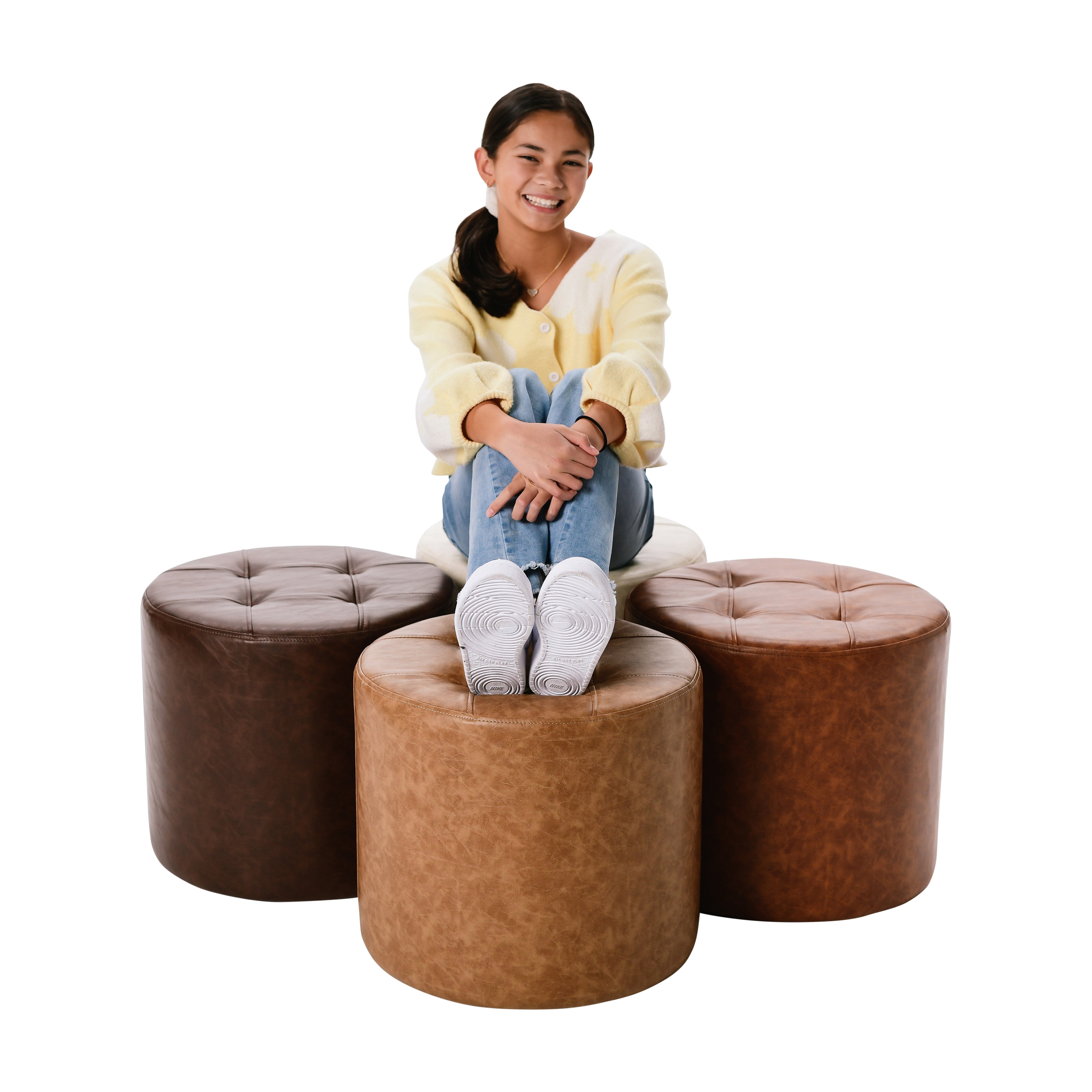 Rustic Tufted Round Ottoman 16" Height - Almond