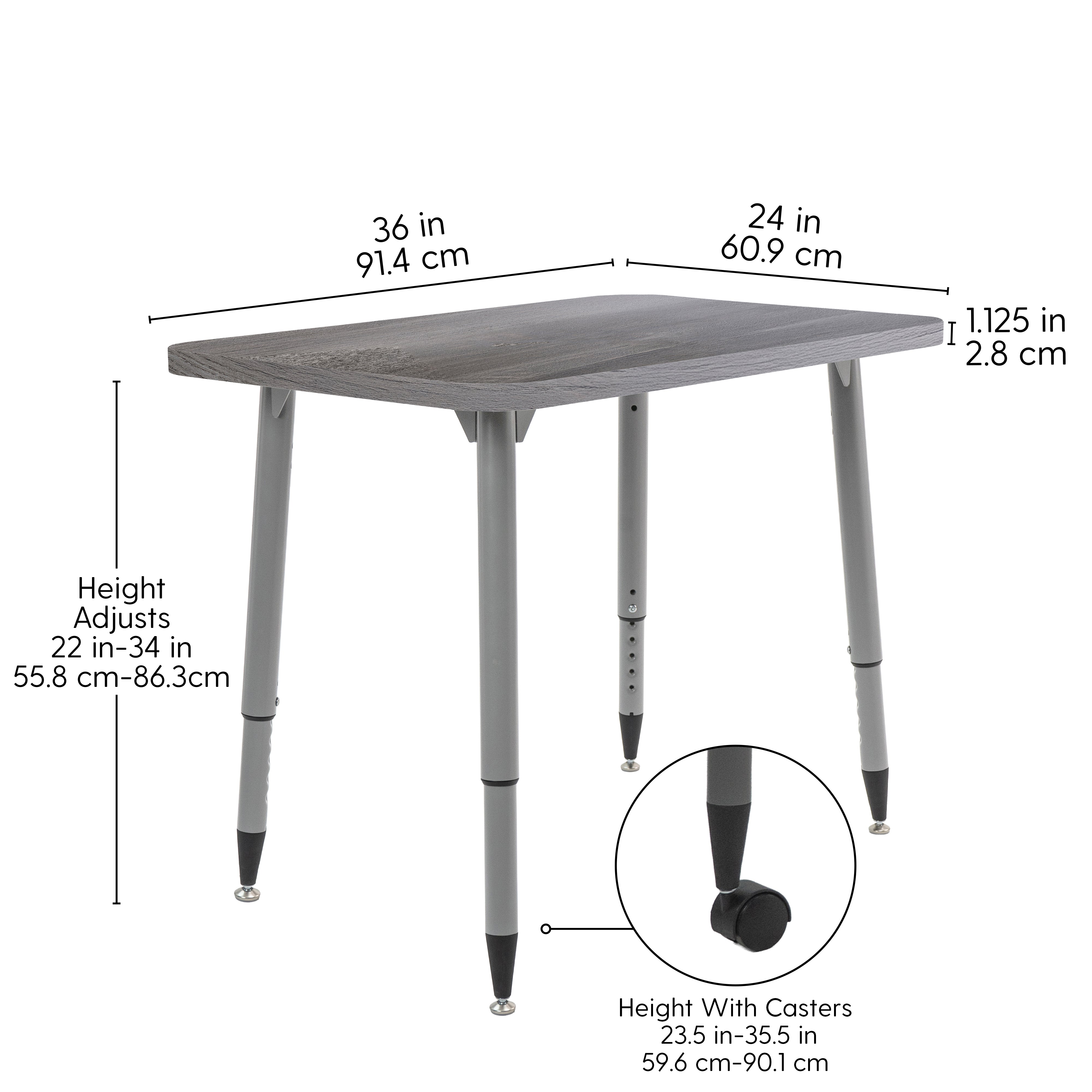 Adapte 24" x 36" Rectangle Woodgrain Activity Table with Adjustable Tapered Legs - Gray Wood/Silver