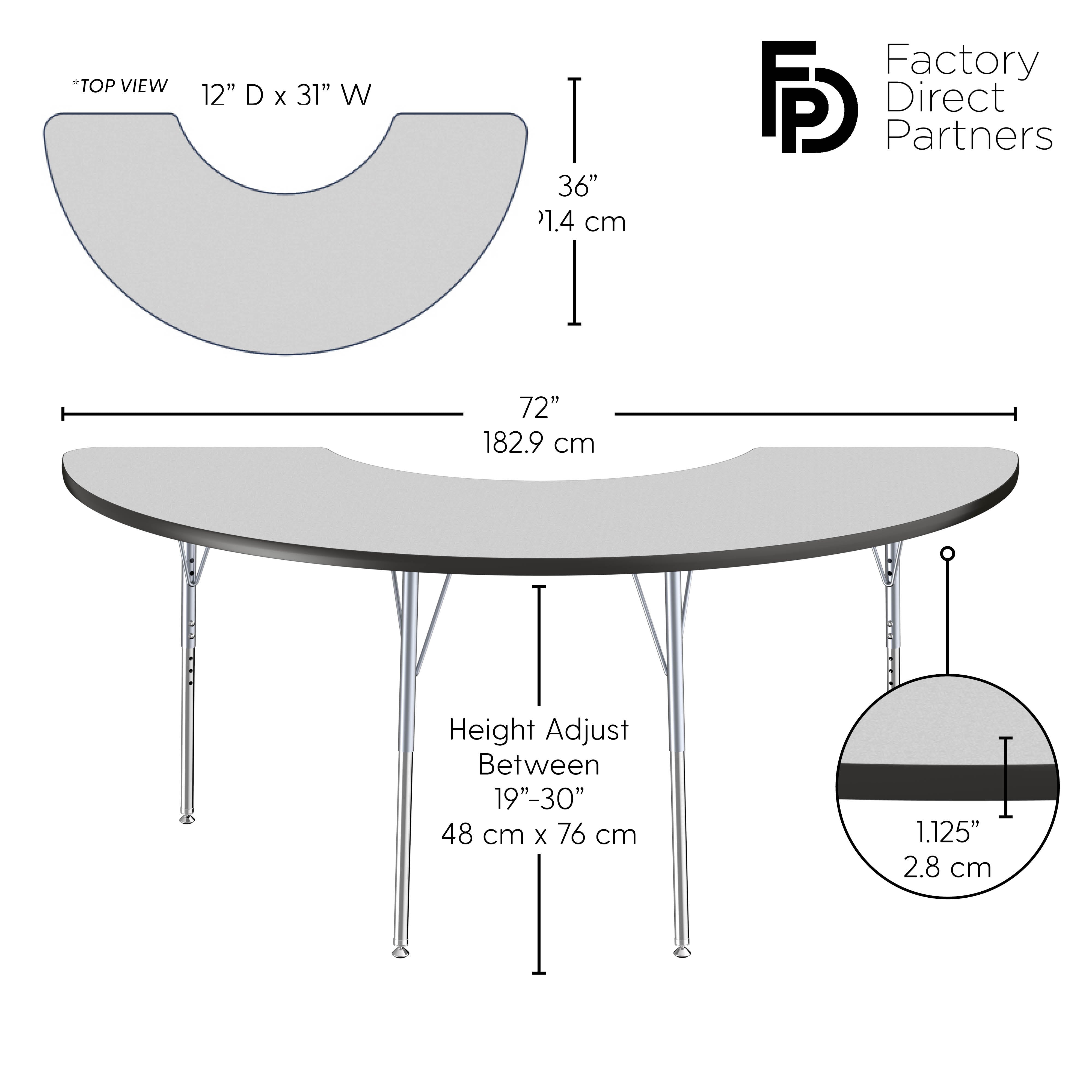 36" x 72" Half Moon T-Molding Activity Table with Adjustable Standard Swivel Glide Legs - Gray/Black/Silver
