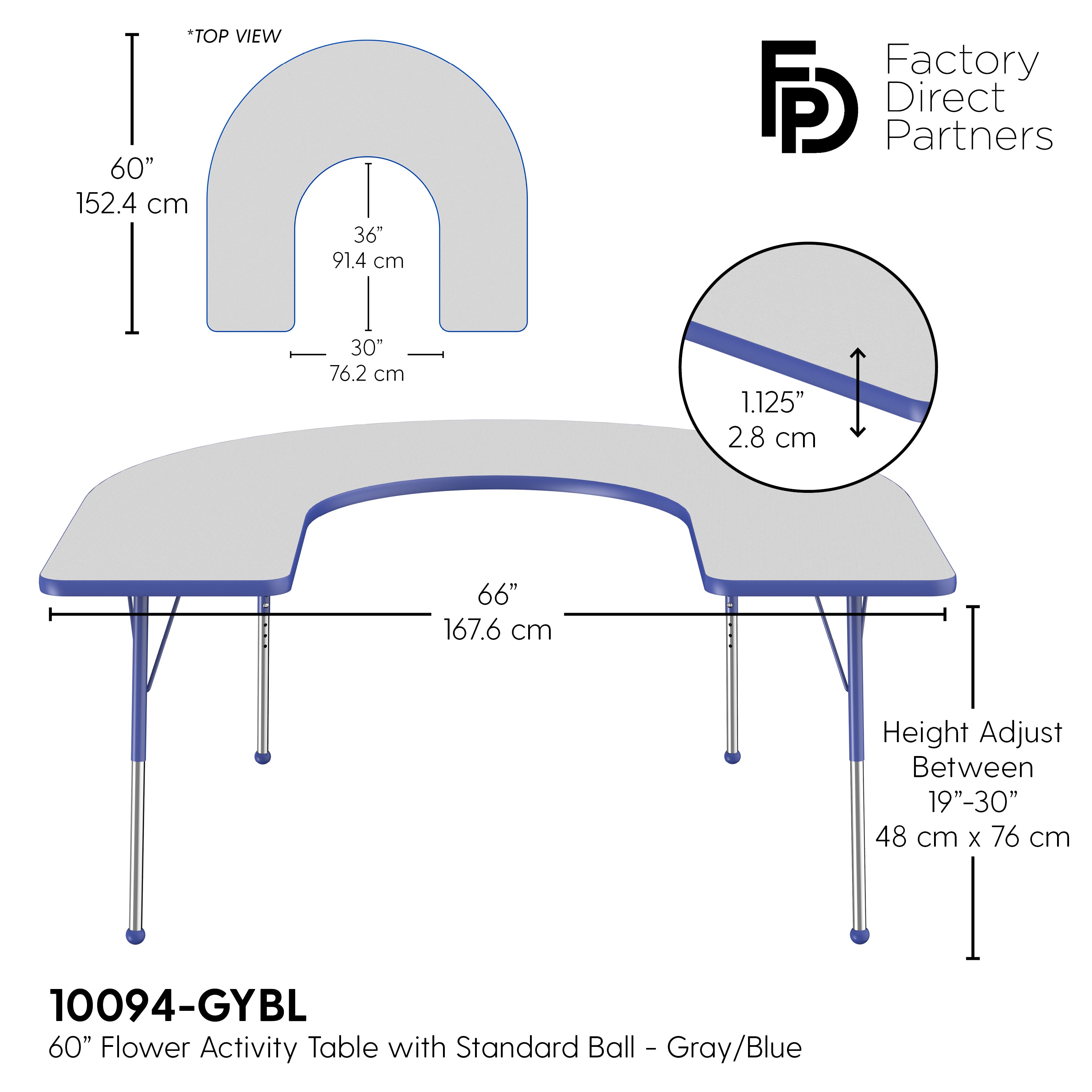 60" x 66" Horseshoe T-Molding Activity Table with Adjustable Standard Ball Glide Legs - Gray/Blue