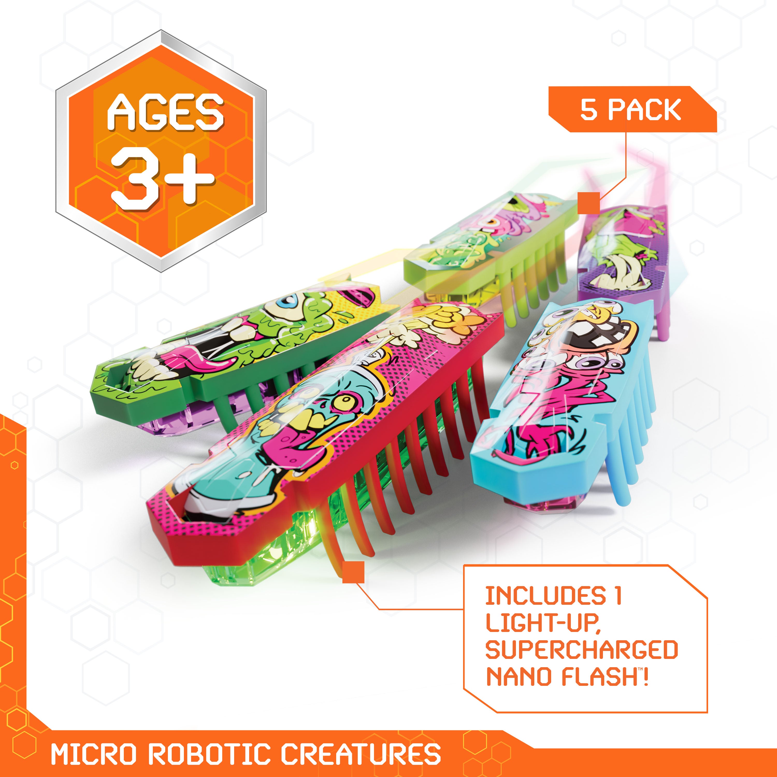 HEX BOTS Nano 5 Pack, 4 Mini Bots with Bonus Flash Bot, Sensory Toy for Kids & Cats, Vibration Technology, Mini Robot Toy for Kids 3 & Up