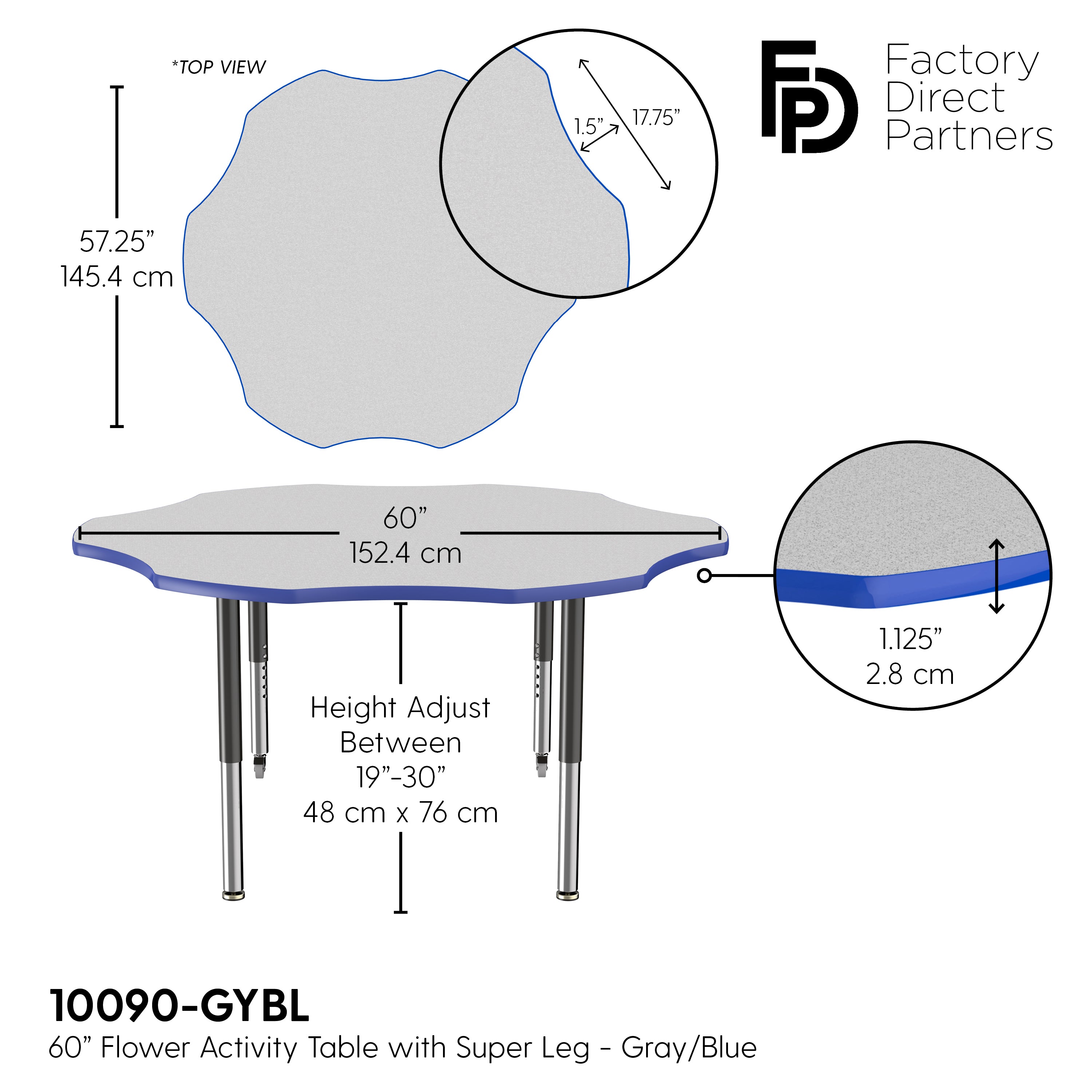 60" x 60" Flower T-Molding Activity Table with Adjustable Super Legs - Gray/Blue/Black