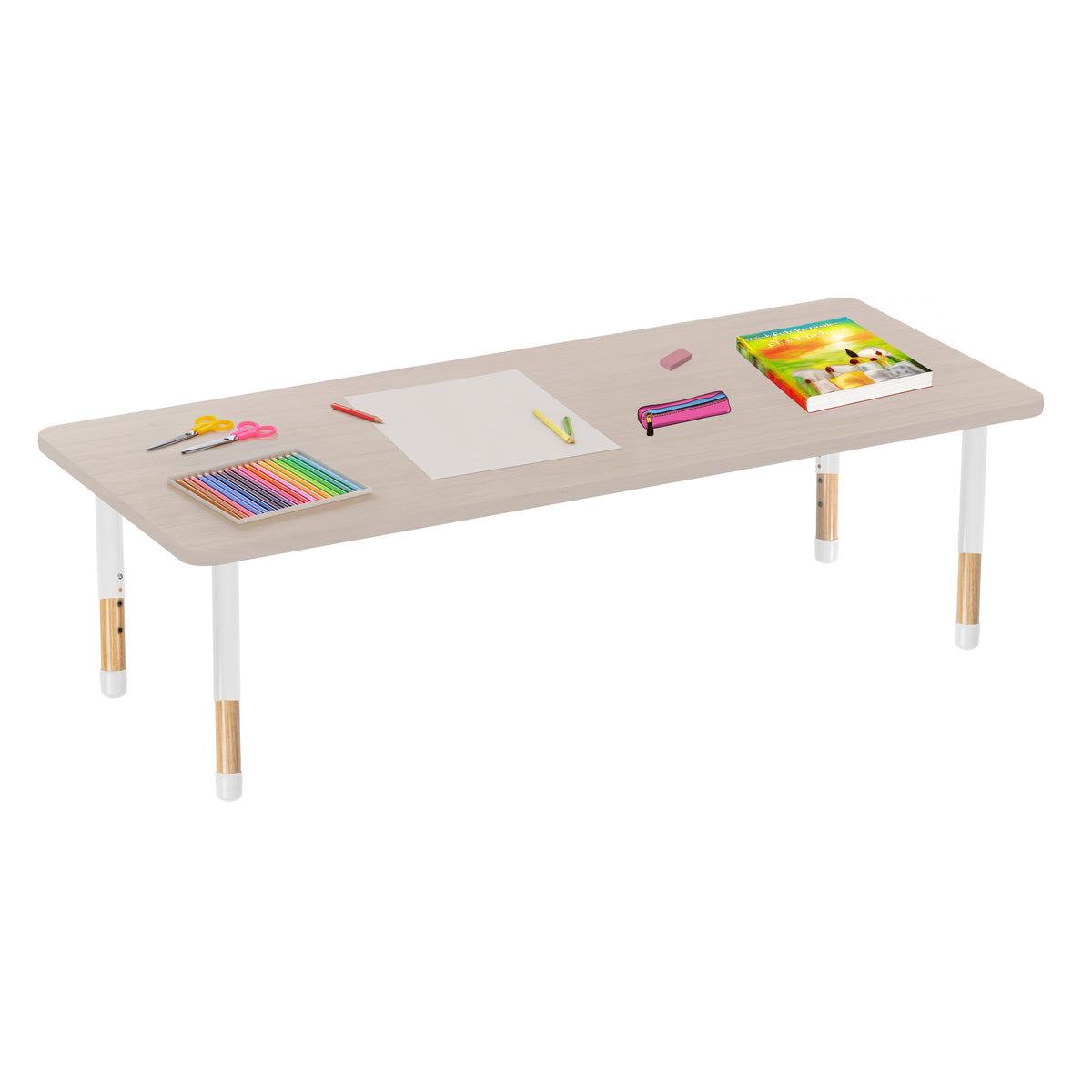 30" x 72" Rectangle Thermofused Activity Table with Adjustable Chunky Wood Legs - Asian Sand/White/Natural