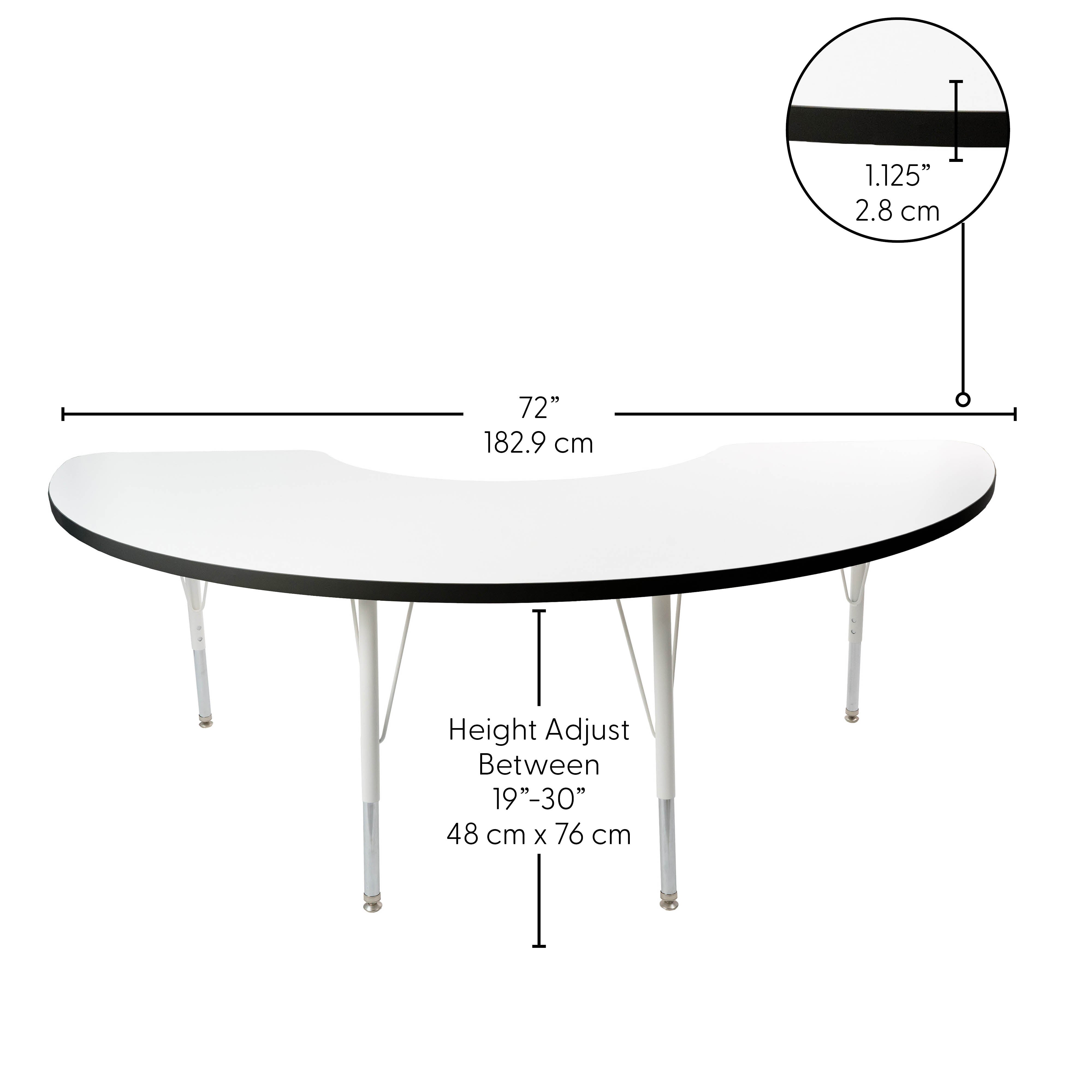 36" x 72" Half Moon Thermofused Activity Table with Adjustable Standard Swivel Glide Legs - White/Black/White