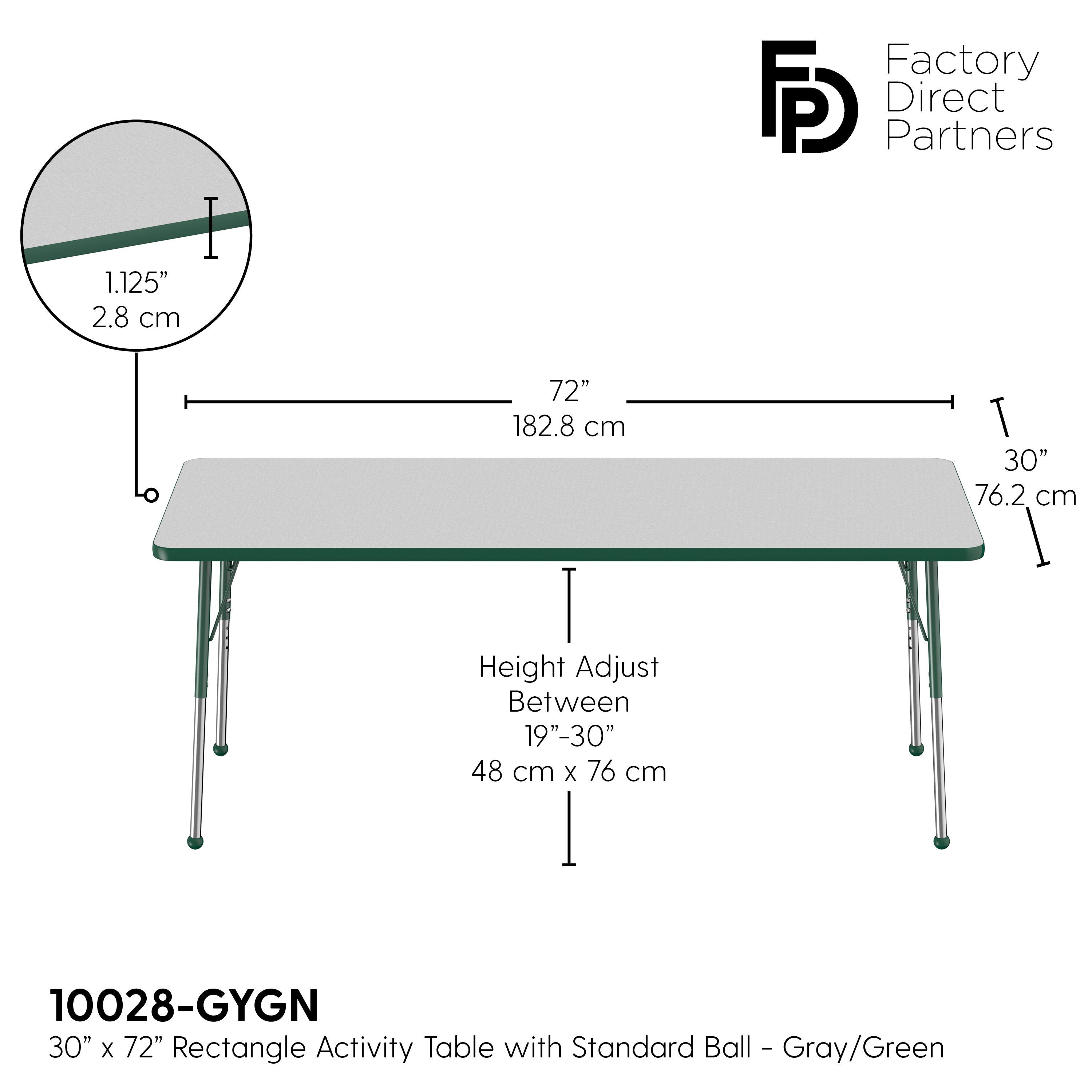 30" x 72" Rectangle T-Molding Activity Table with Adjustable Standard Ball Glide Legs - Gray/Green