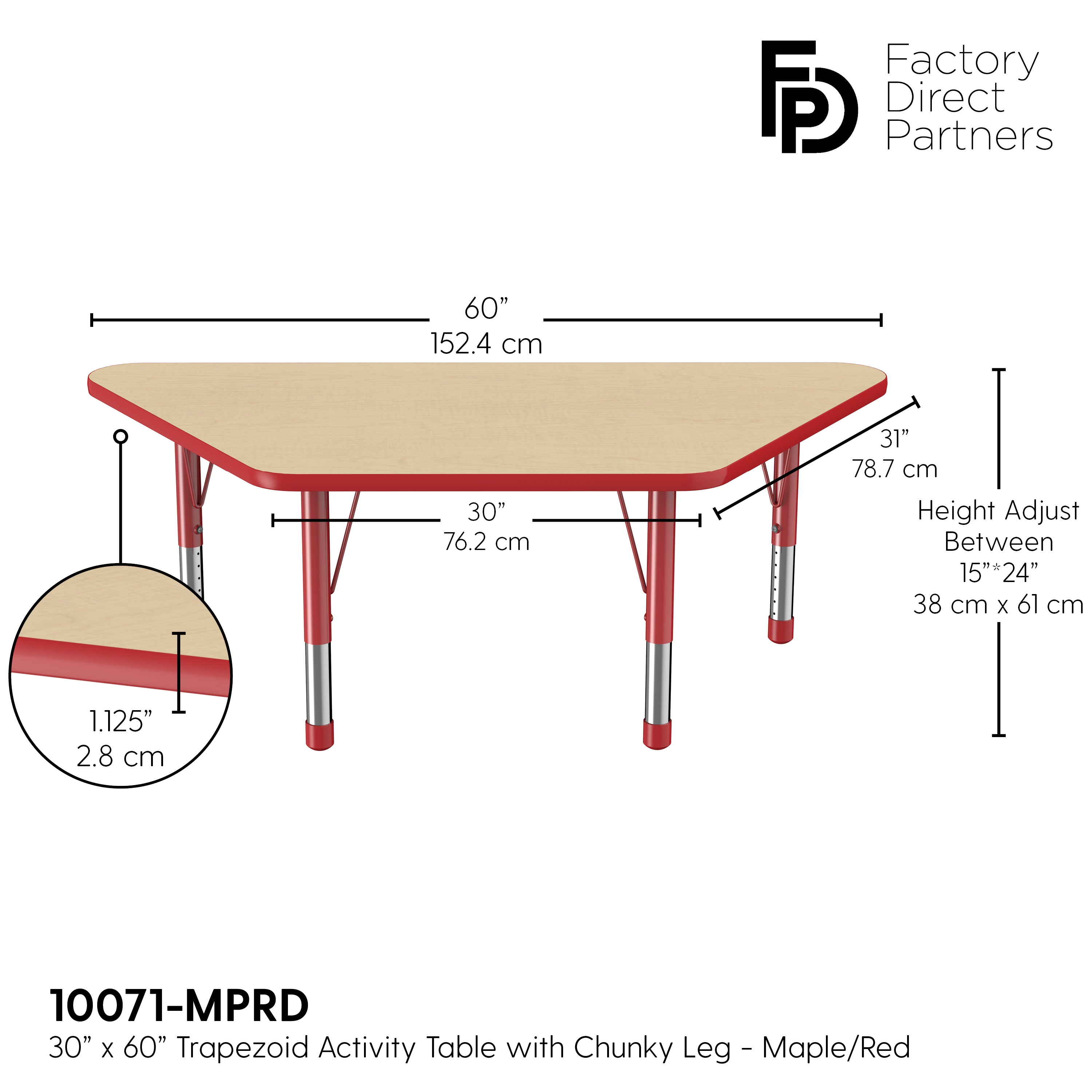 30" x 60" Trapezoid T-Molding Activity Table with Adjustable Chunky Legs - Maple/Red
