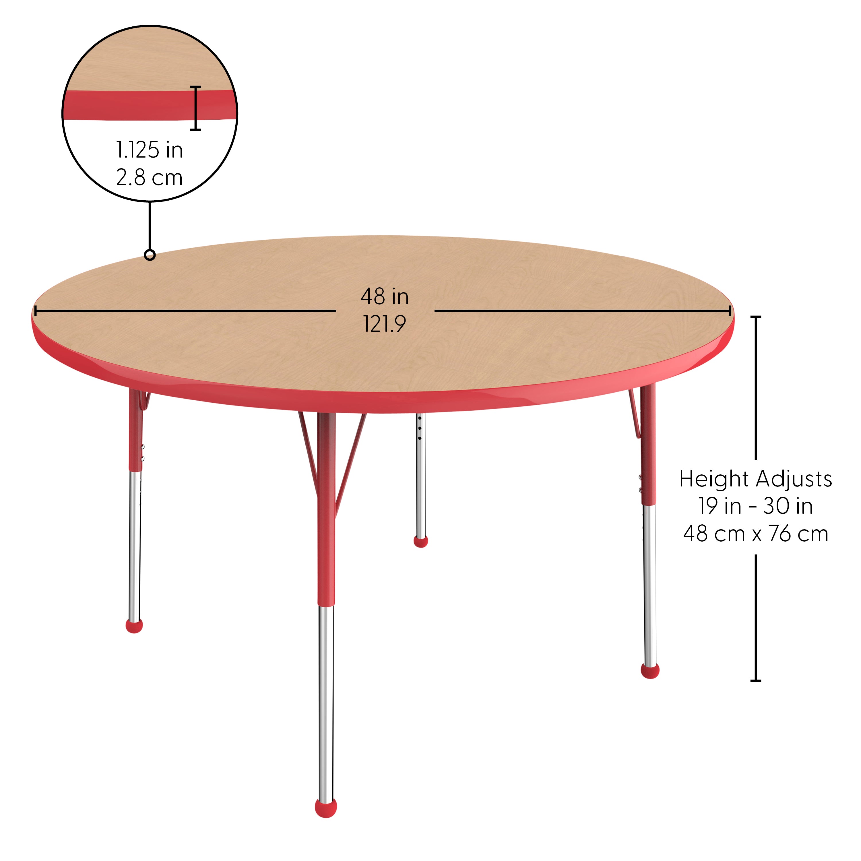 48" Round T-Molding Activity Table with Adjustable Standard Ball Glide Legs - Maple/Red