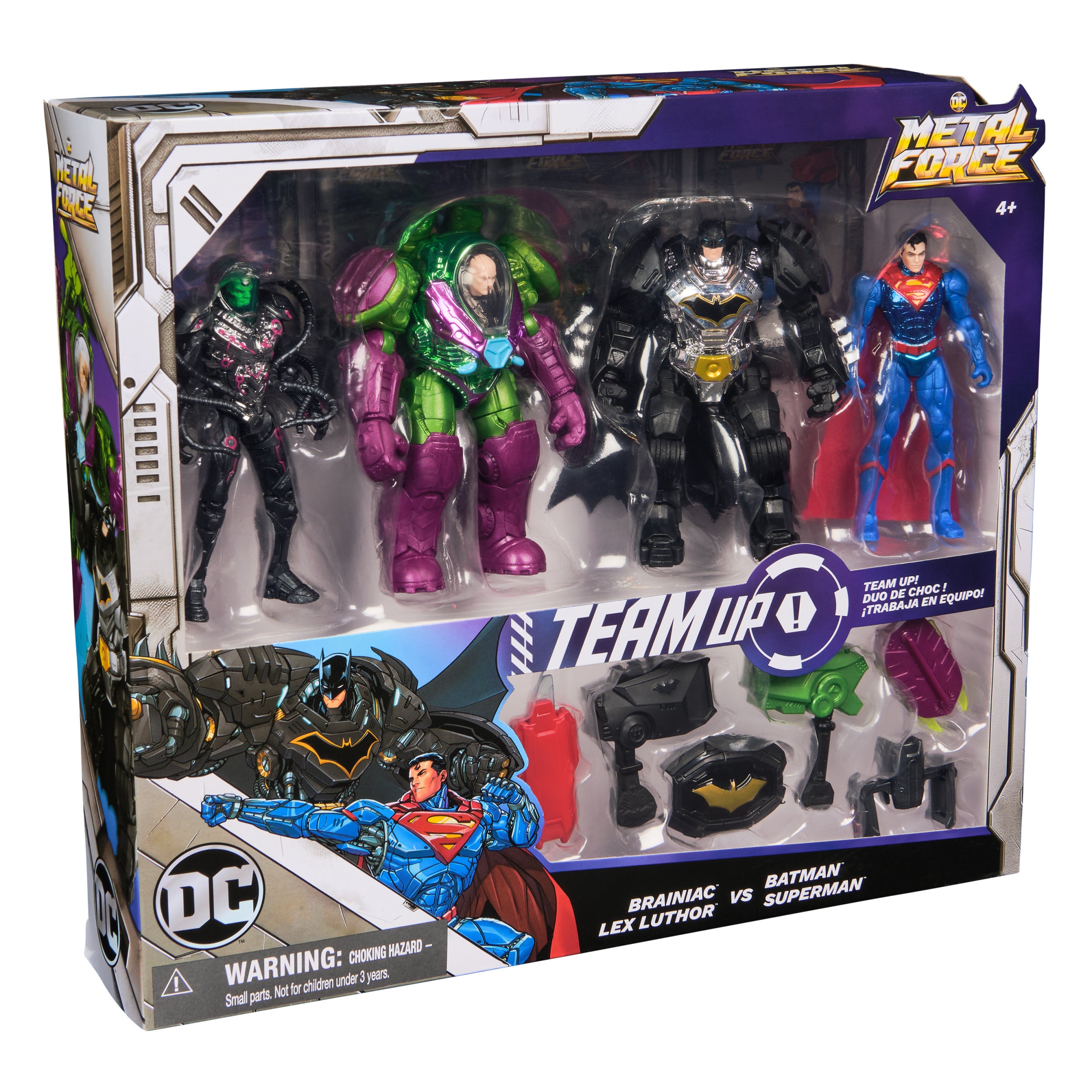 DC Comics, Metal Force Team Up Brainiac and Lex Luthor vs Batman and Superman Set, 4-Inch Action Figures with Exclusive Accessories, Includes Character Cards, Kids Toys of Boys Ages 4 and Up