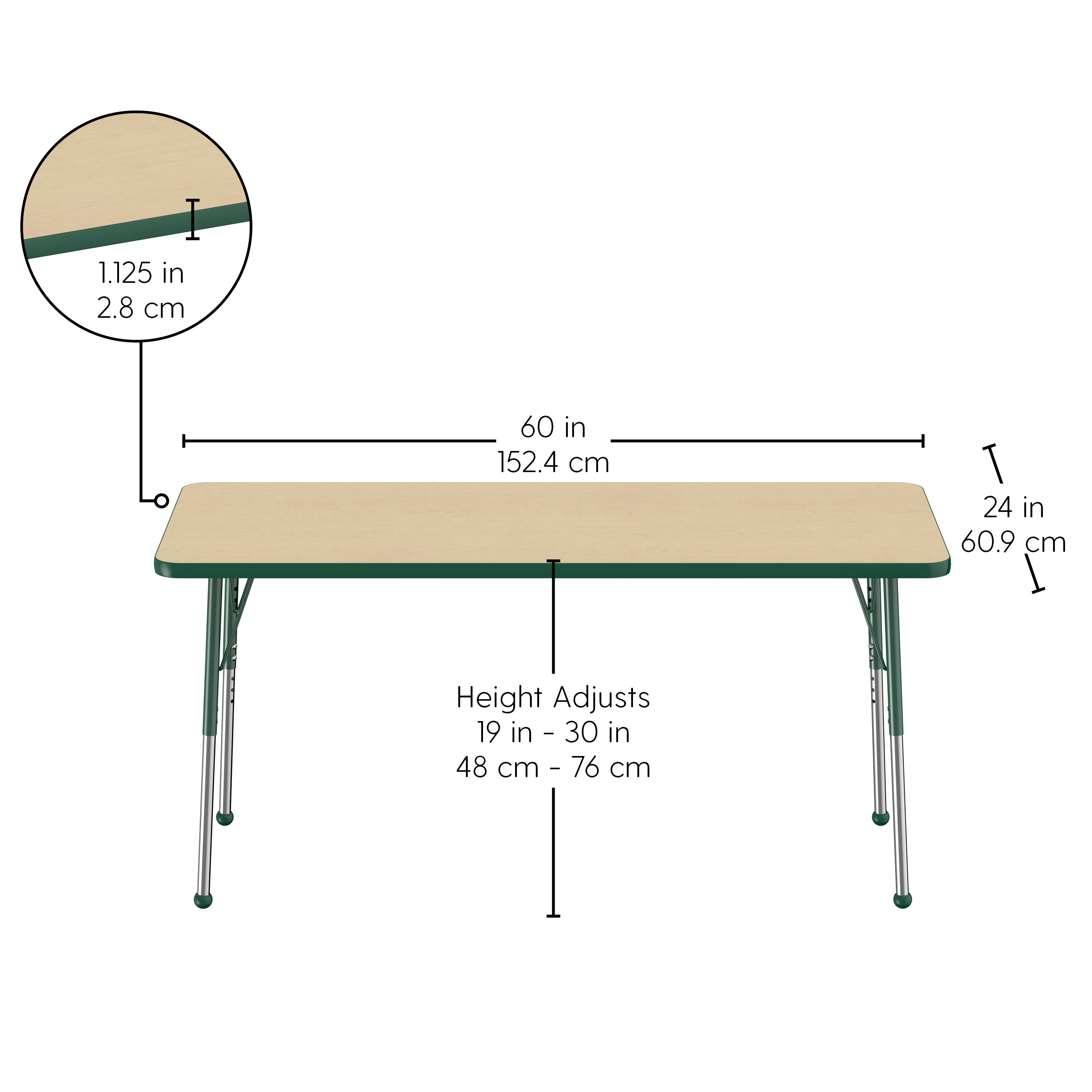 24" x 60" Rectangle T-Molding Activity Table with Adjustable Standard Ball Glide Legs - Maple/Green