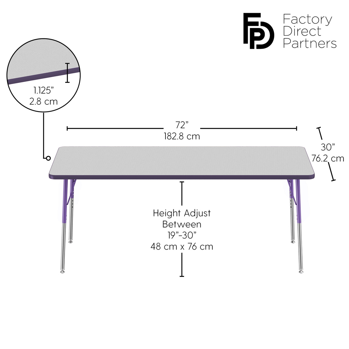 30" x 72" Rectangle T-Molding Activity Table with Adjustable Standard Swivel Glide Legs - Gray/Purple