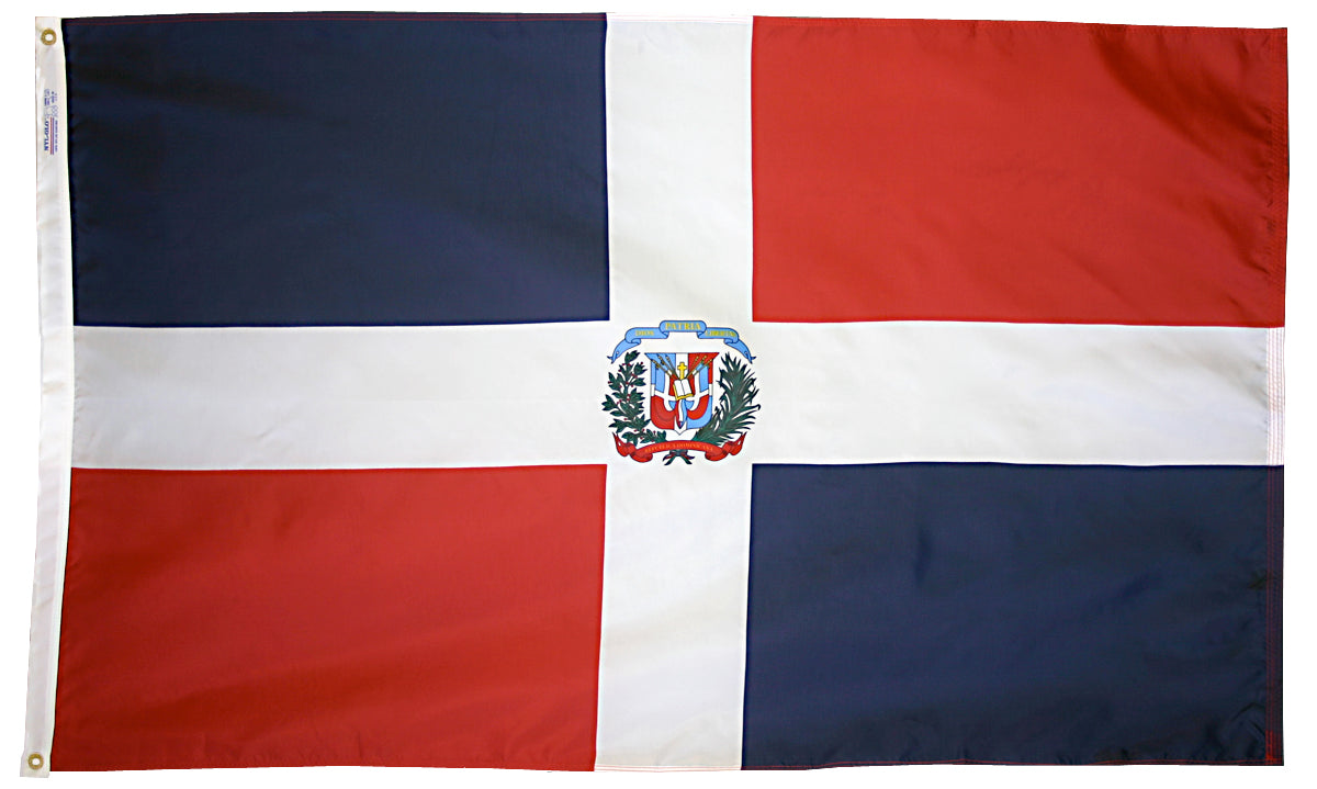 Dominican Republic Flag 5x8 ft. Nylon SolarGuard Nyl-Glo 100% Made in USA to Official United Nations Design Specifications.