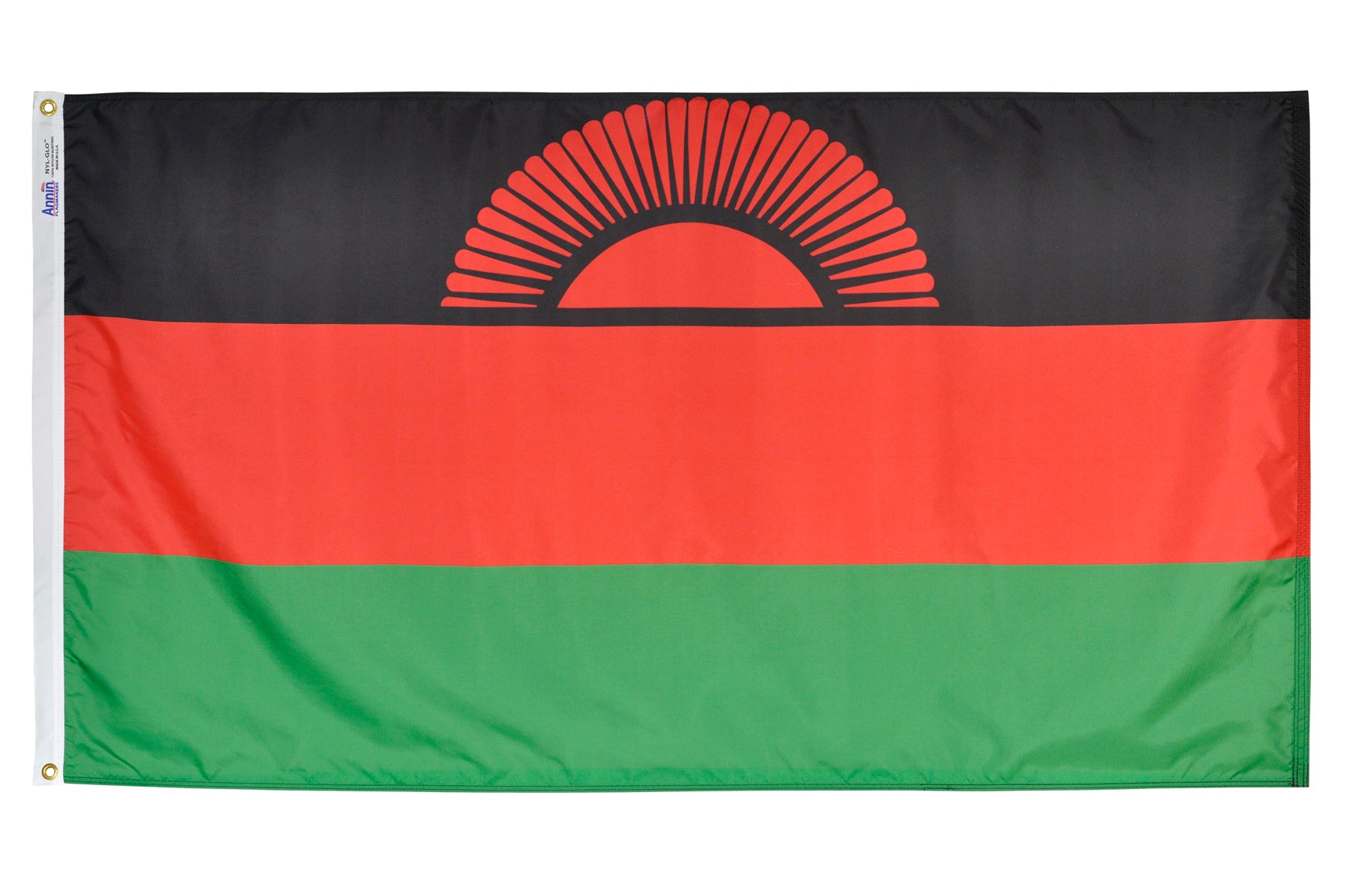 Malawi Flag 5x8 ft. Nylon SolarGuard Nyl-Glo 100% Made in USA to Official United Nations Design Specifications.