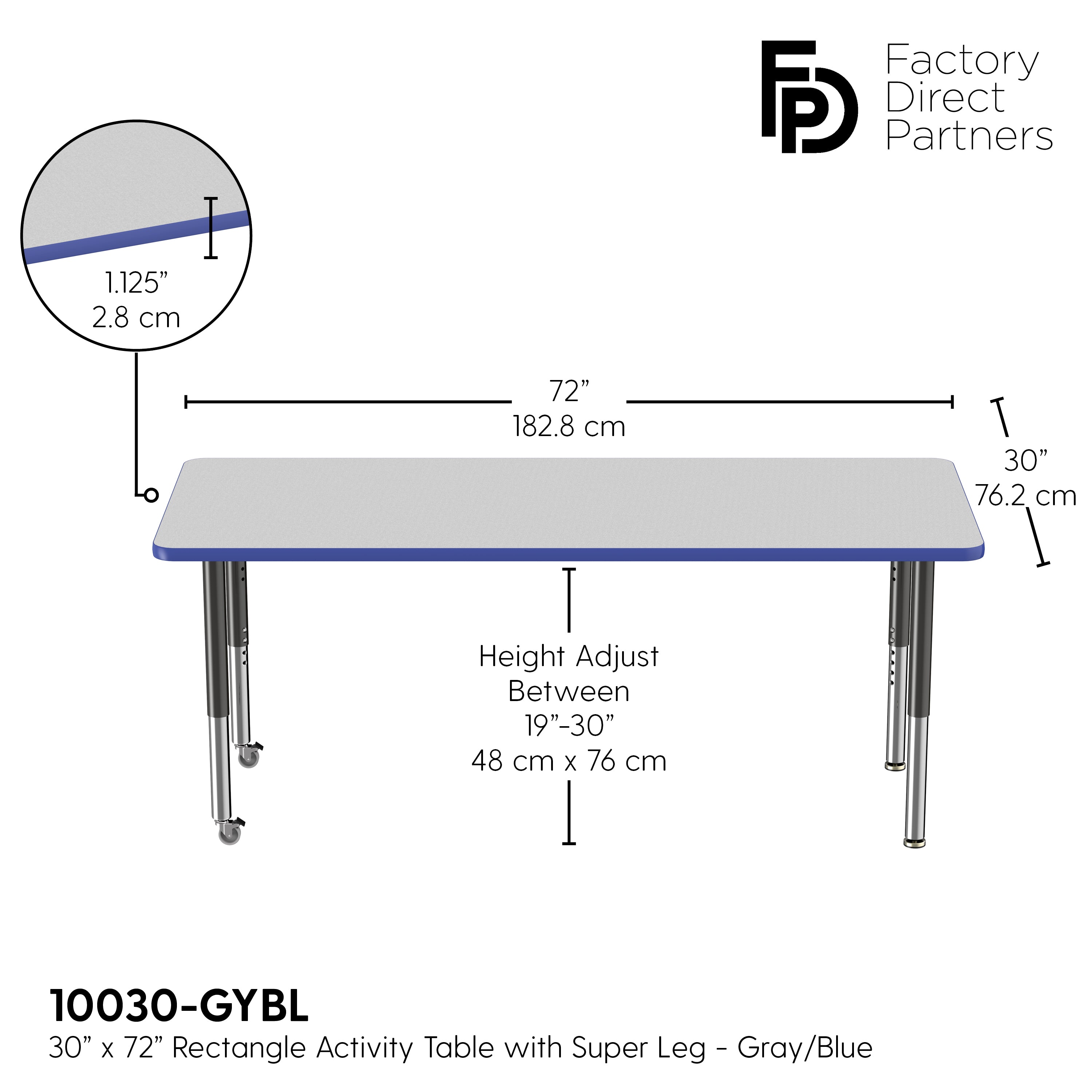 30" x 72" Rectangle T-Molding Activity Table with Adjustable Super Legs - Gray/Blue/Black