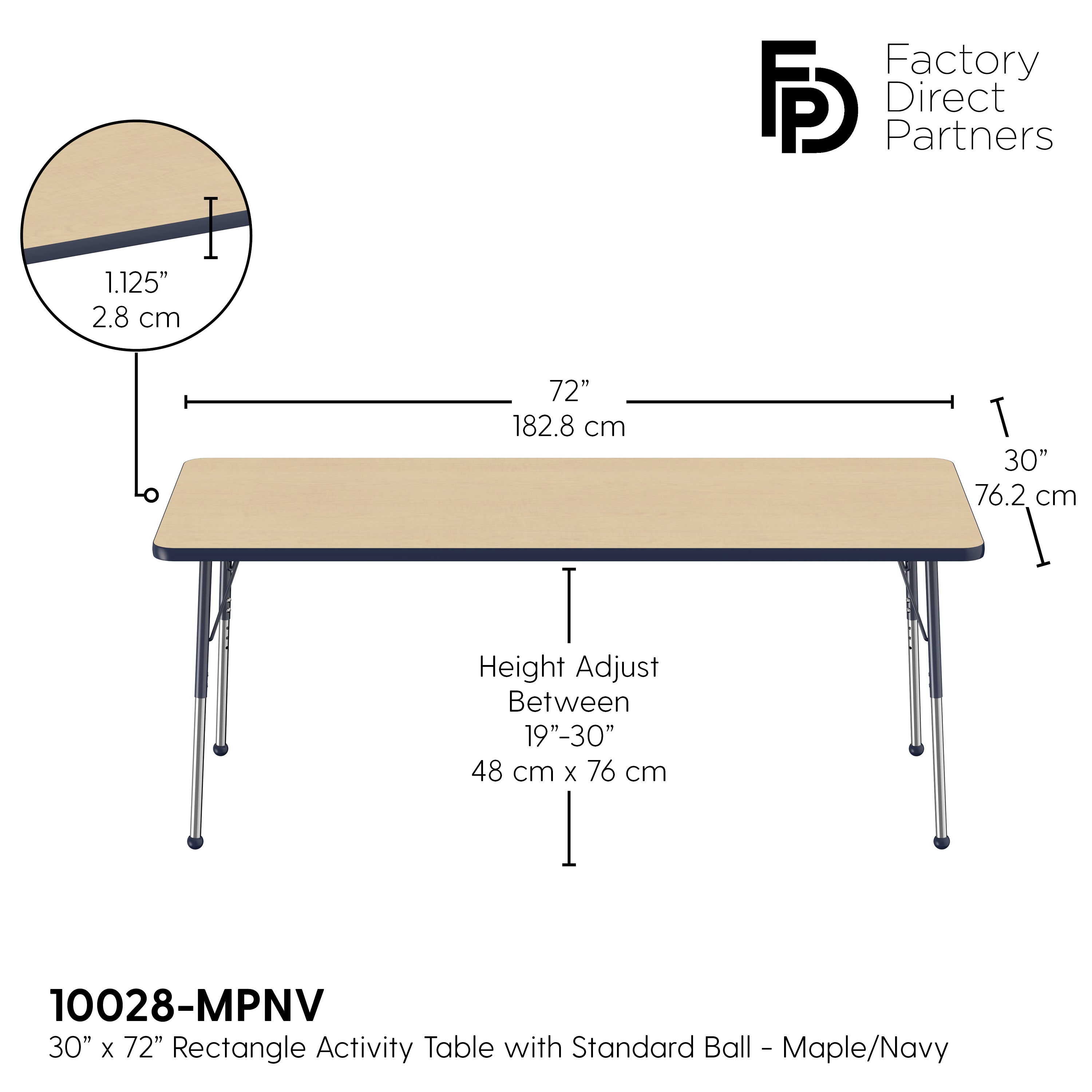 30" x 72" Rectangle T-Molding Activity Table with Adjustable Standard Ball Glide Legs - Maple/Navy