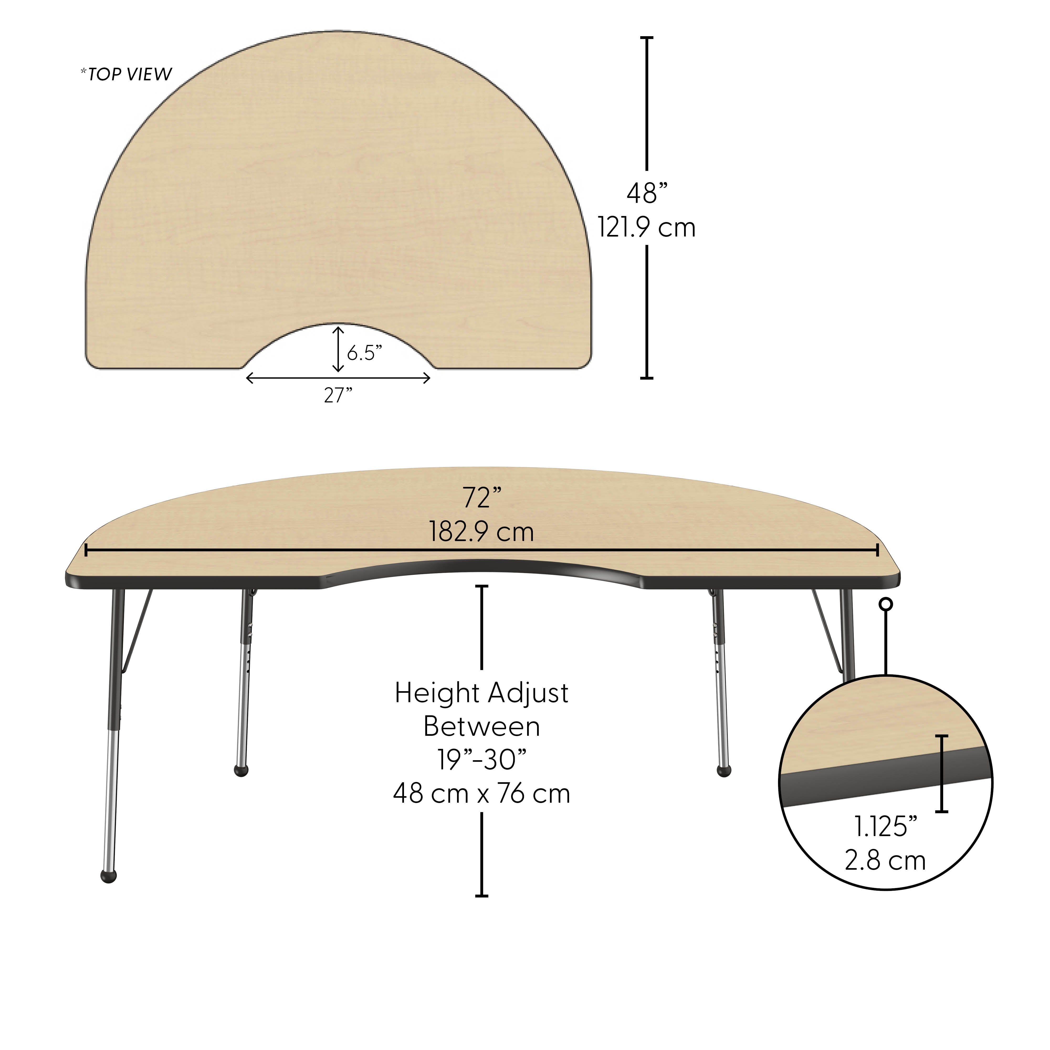 48" x 72" Kidney Thermofused Activity Table with Adjustable Standard Ball Glide Legs - Maple/Black