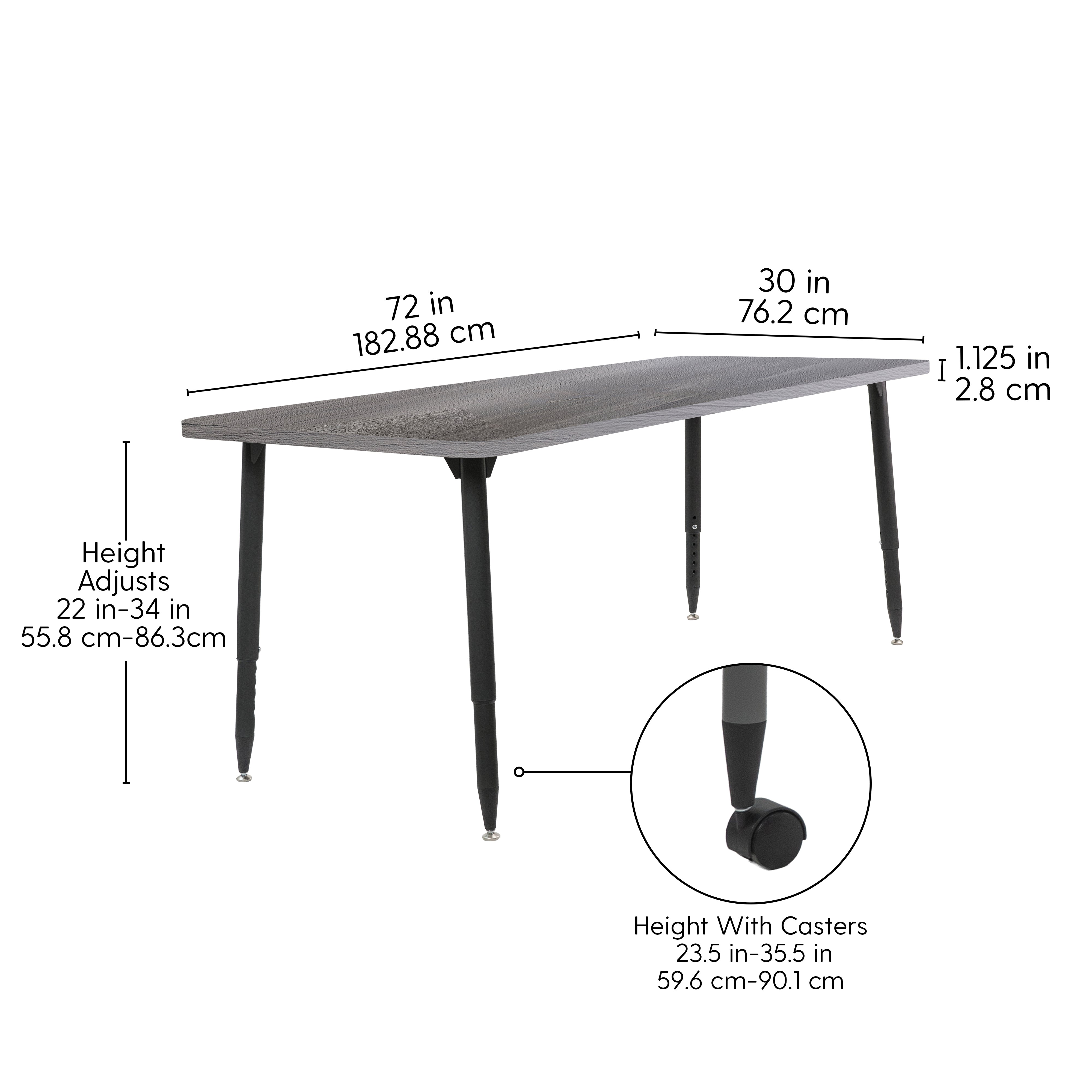 Adapte 30" x 72" Rectangle Woodgrain Activity Table with Adjustable Tapered Legs - Gray Wood/Black
