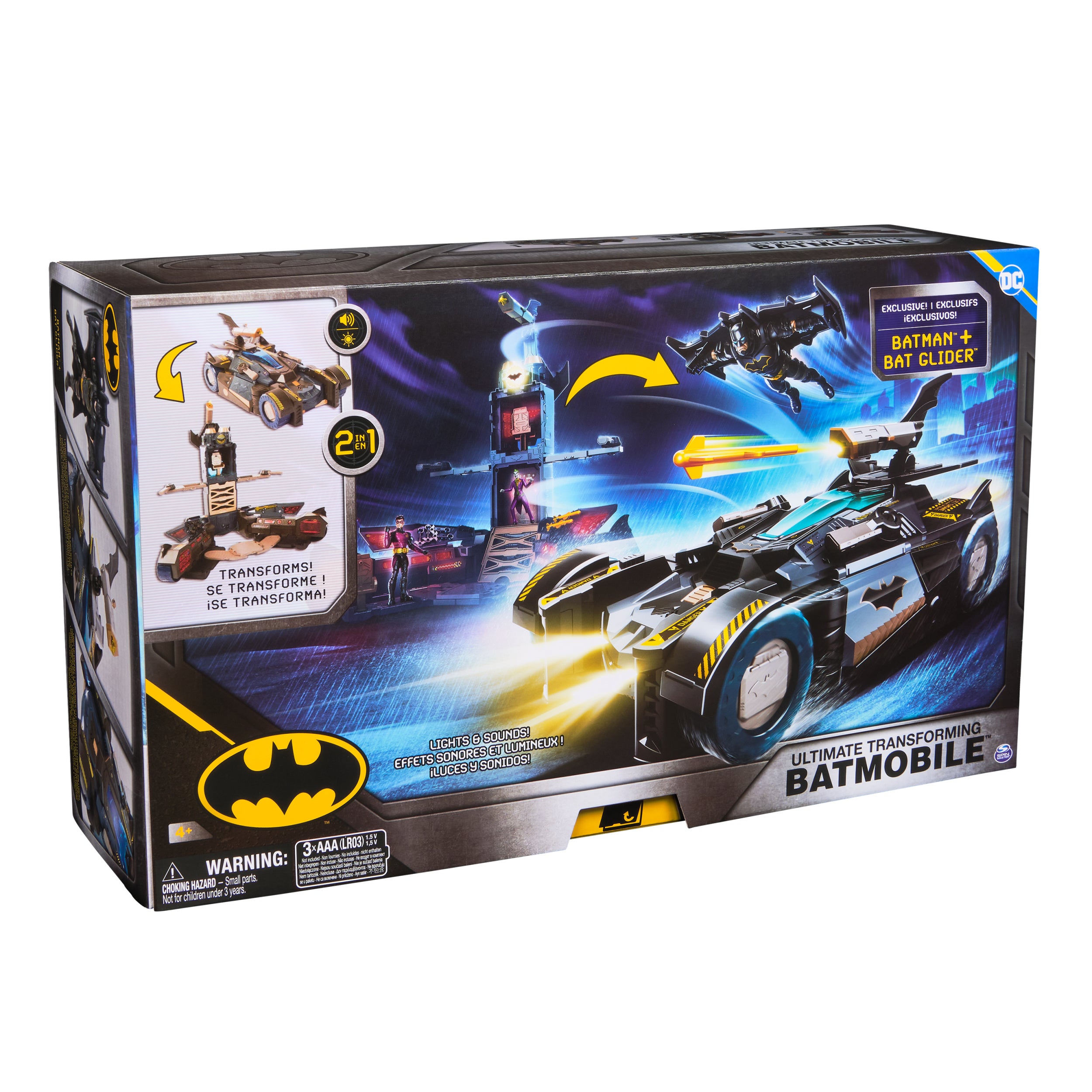Batman, Ultimate Transforming Batmobile Playset, 2-in-1 Playset with Exclusive Figure and Glider, Lights, Sounds, Kids Toys for Boys and Girls 4 and Up
