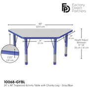 24" x 48" Trapezoid T-Molding Activity Table with Adjustable Chunky Legs - Gray/Blue