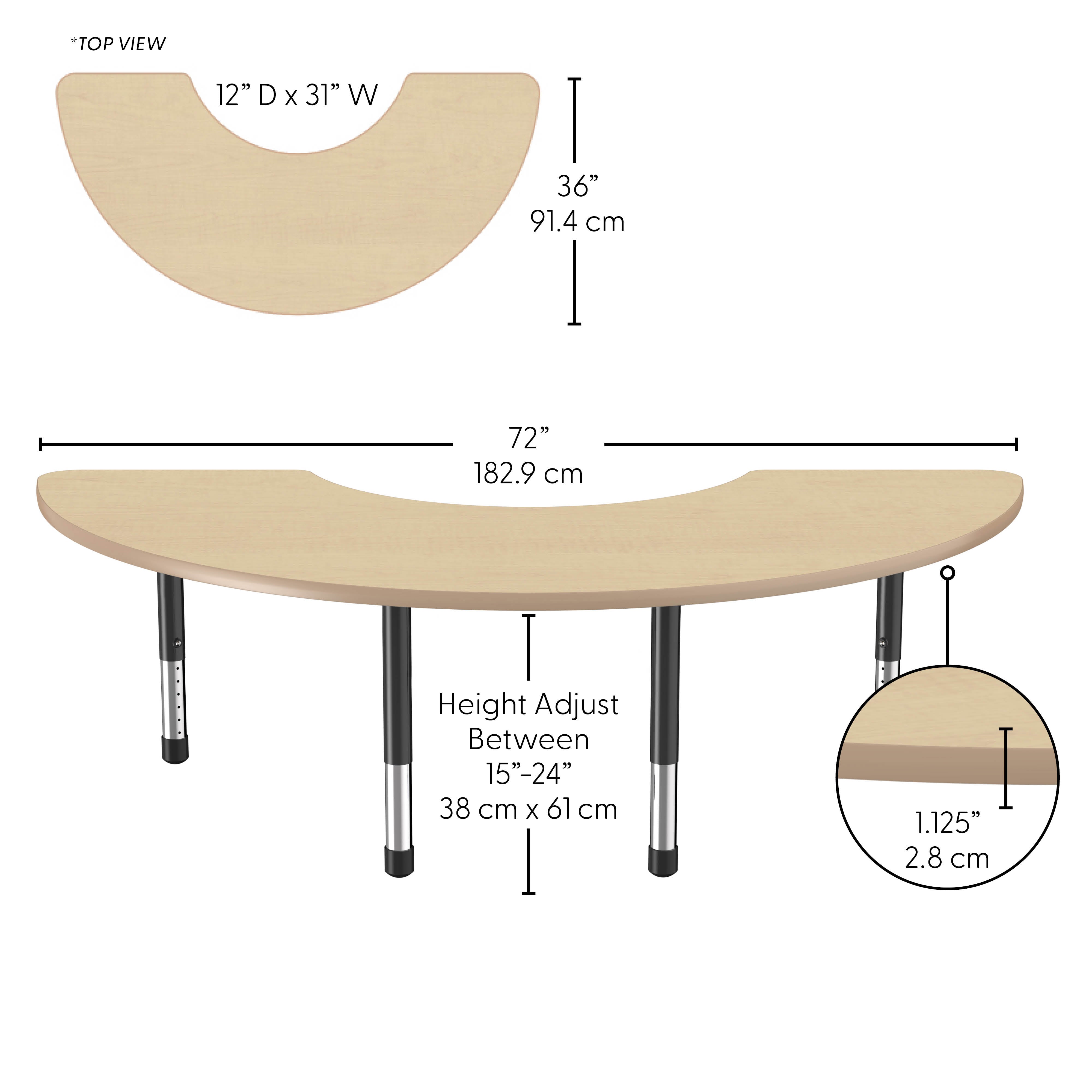 36" x 72" Half Moon Thermofused Activity Table with Adjustable Chunky Legs - Maple/Maple/Black