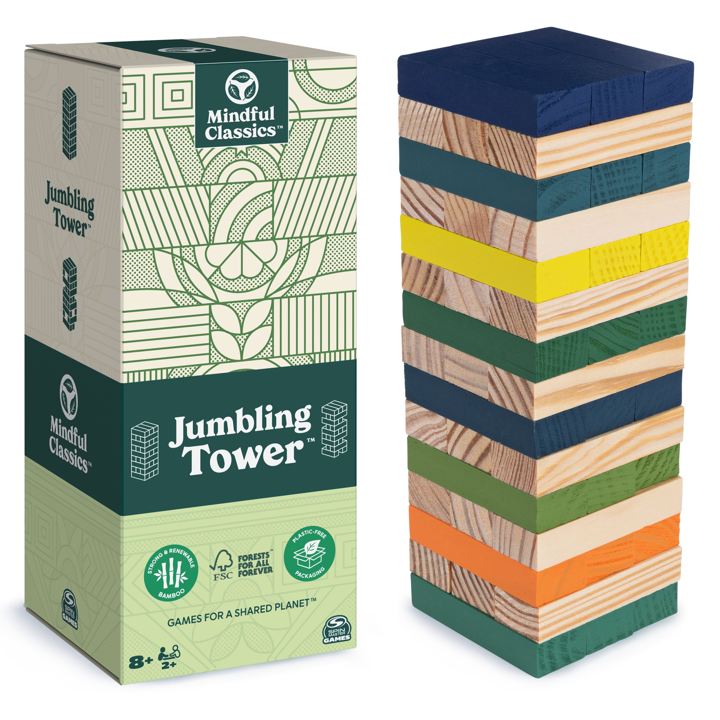 Mindful Classics, Jumbling Tower Sustainable Wooden Blocks Tumbling Toppling Bamboo Wood Party Stacking Game, for Adults and Kids Ages 8 and up