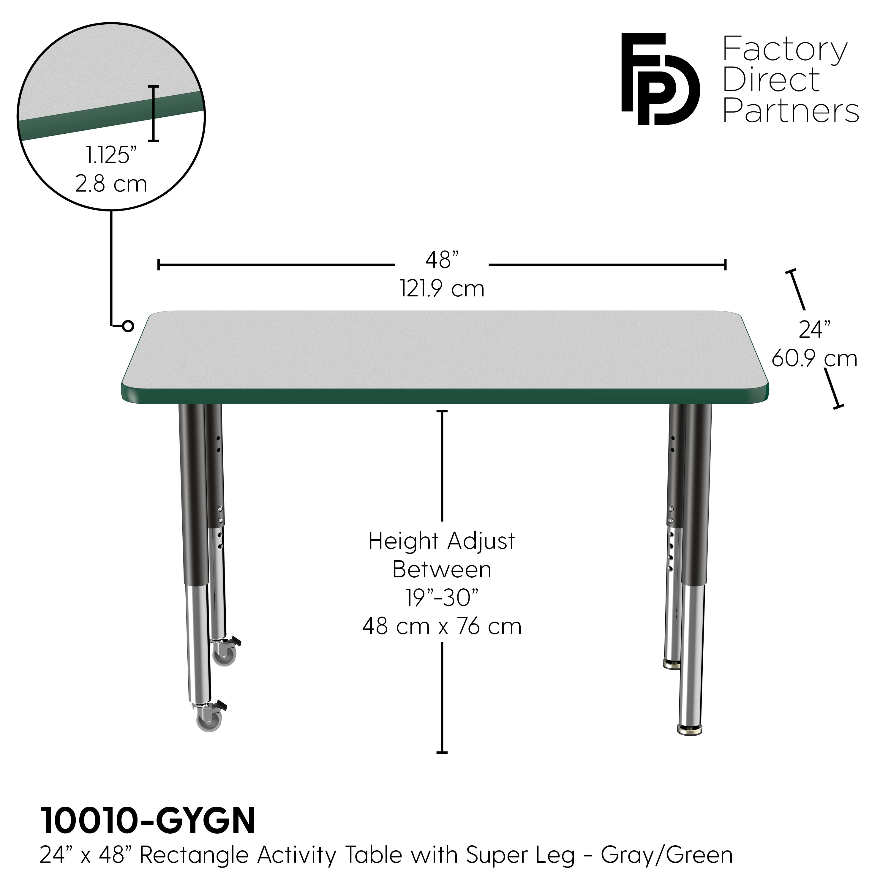 24" x 48" Rectangle T-Molding Activity Table with Adjustable Super Legs - Gray/Green/Black