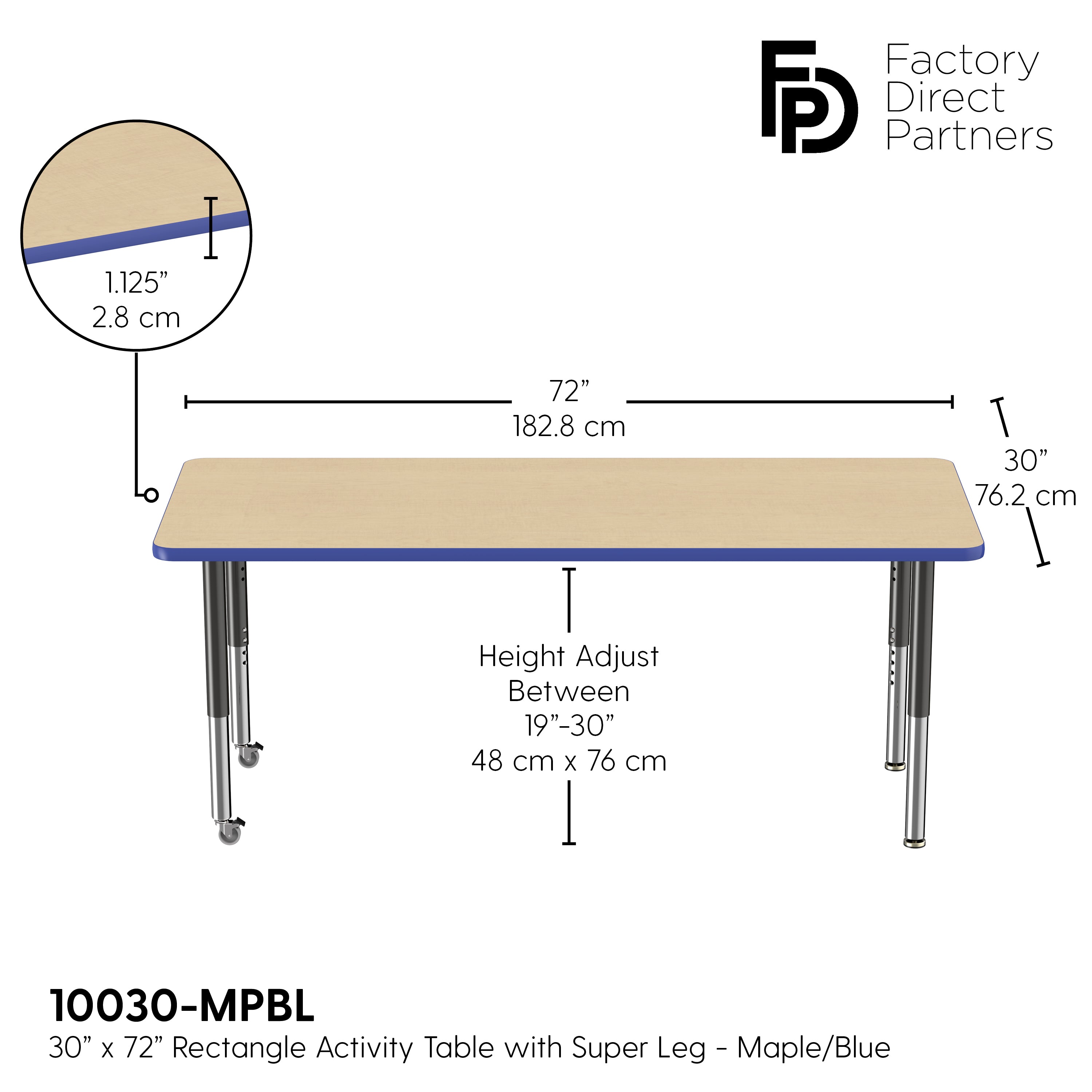 30" x 72" Rectangle T-Molding Activity Table with Adjustable Super Legs - Maple/Blue/Black
