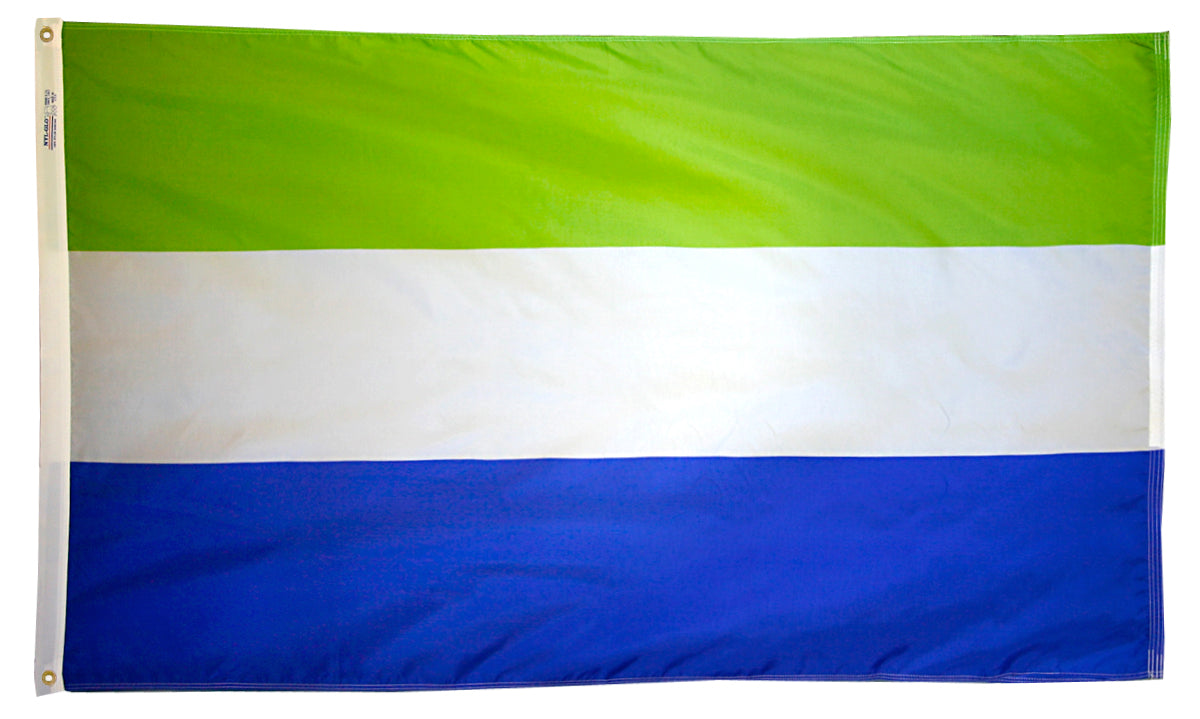 Sierra Leone Flag 4x6 ft. Nylon SolarGuard Nyl-Glo 100% Made in USA to Official United Nations Design Specifications.