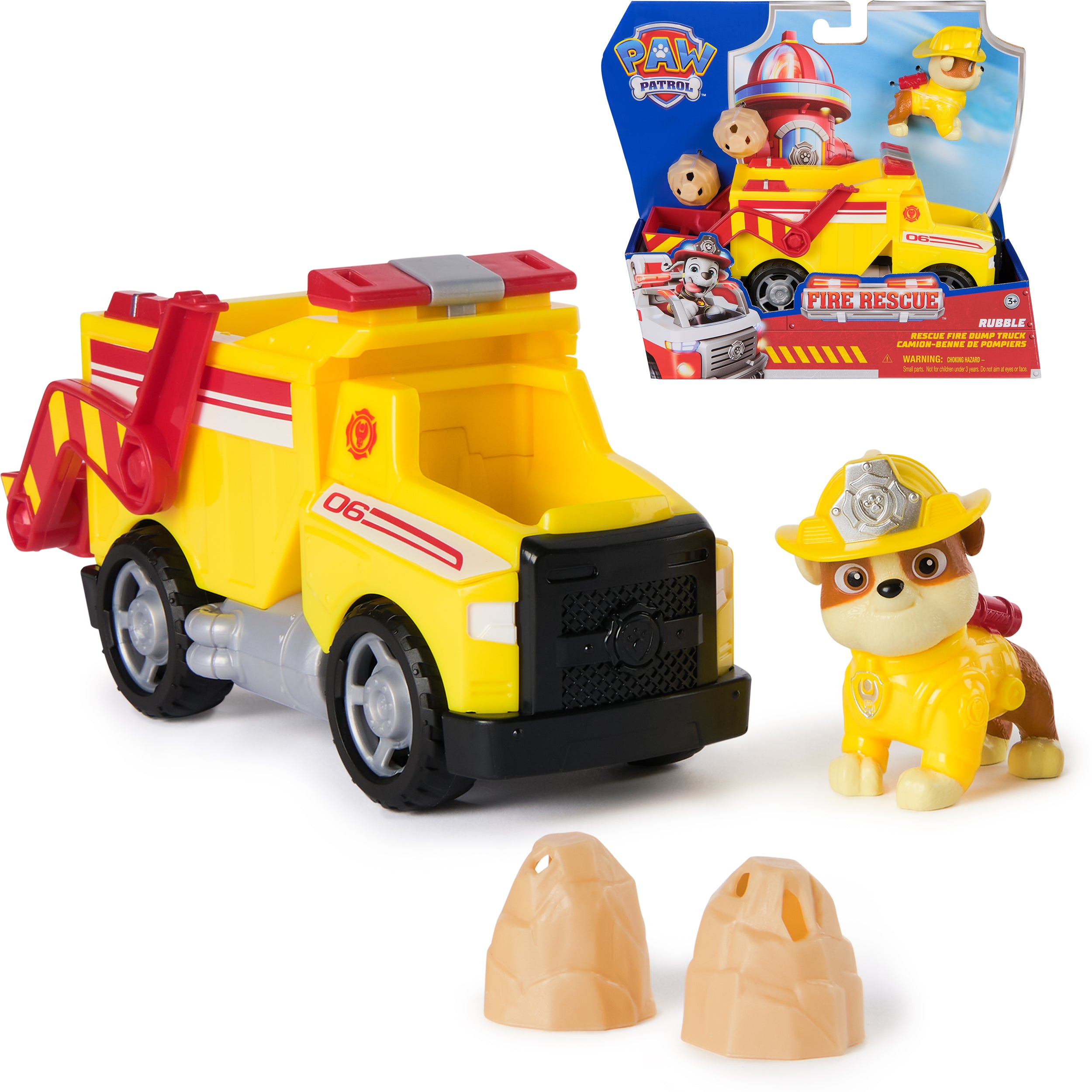 PAW Patrol Fire Rescue: Rubble Rescue Fire Dump Truck with Action Figure, Projectiles, and Toy Truck, Kids Toys for Boys & Girls Ages 3 and Up