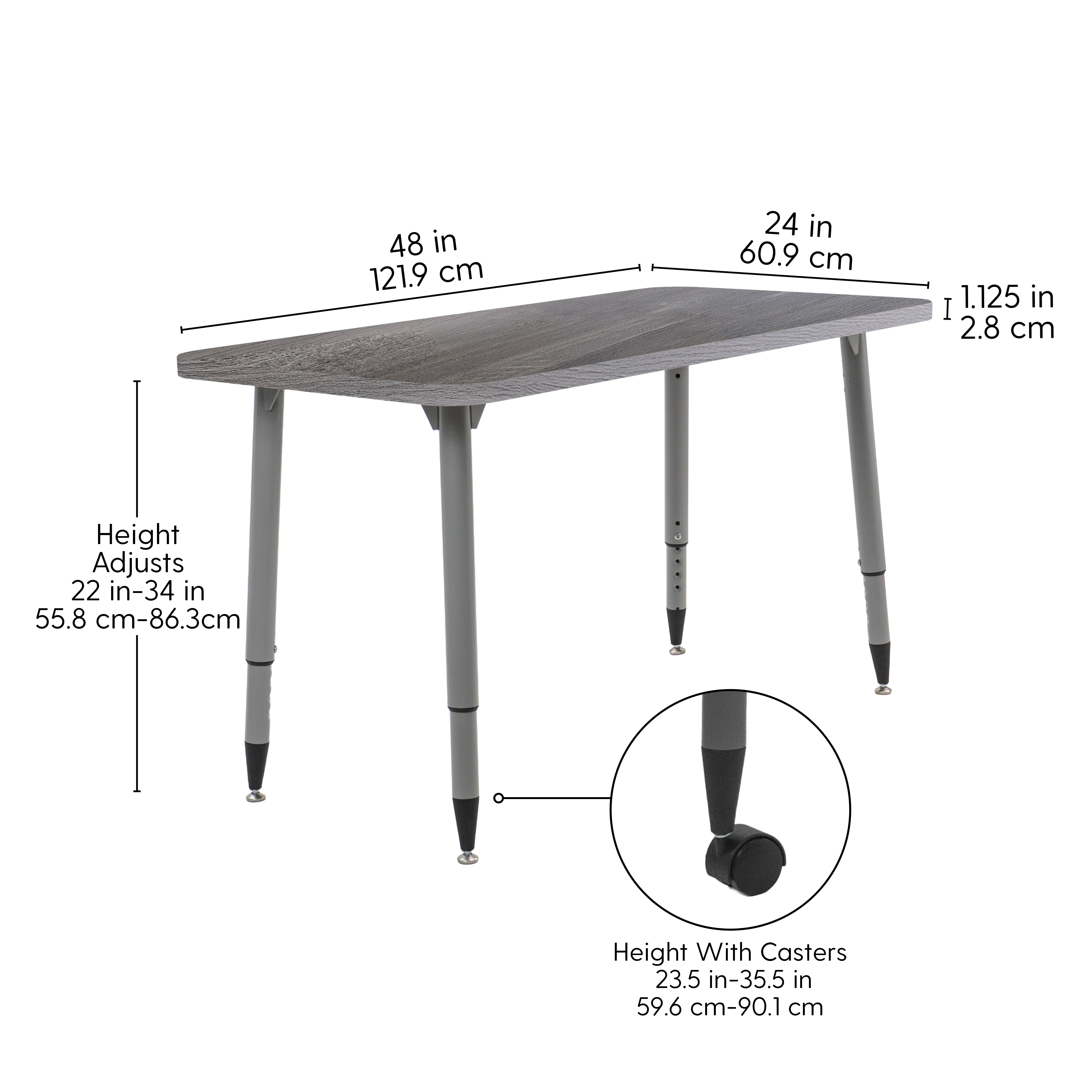 Adapte 24" x 48" Rectangle Woodgrain Activity Table with Adjustable Tapered Legs - Gray Wood/Silver
