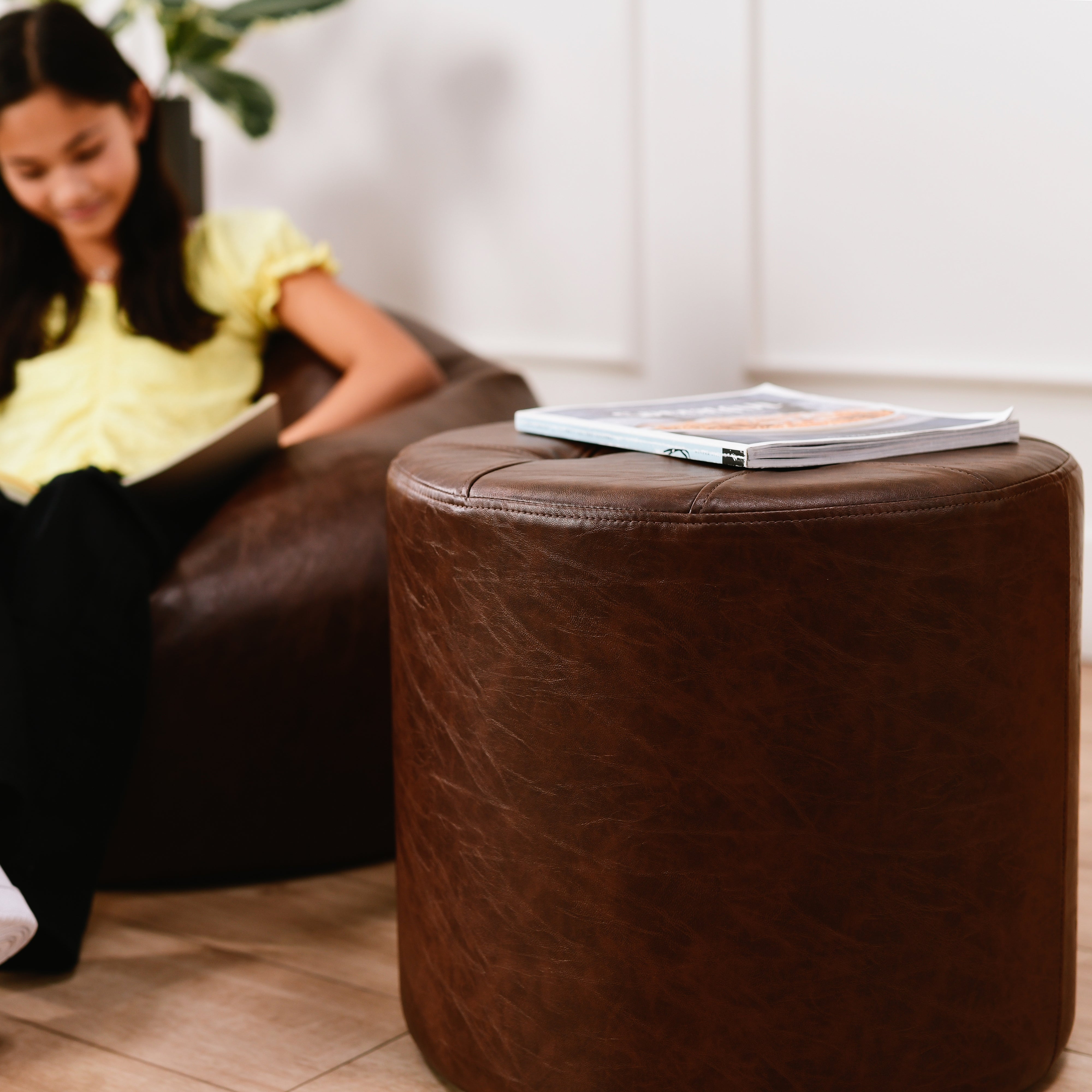 Rustic Tufted Round Ottoman 16" Height - Walnut