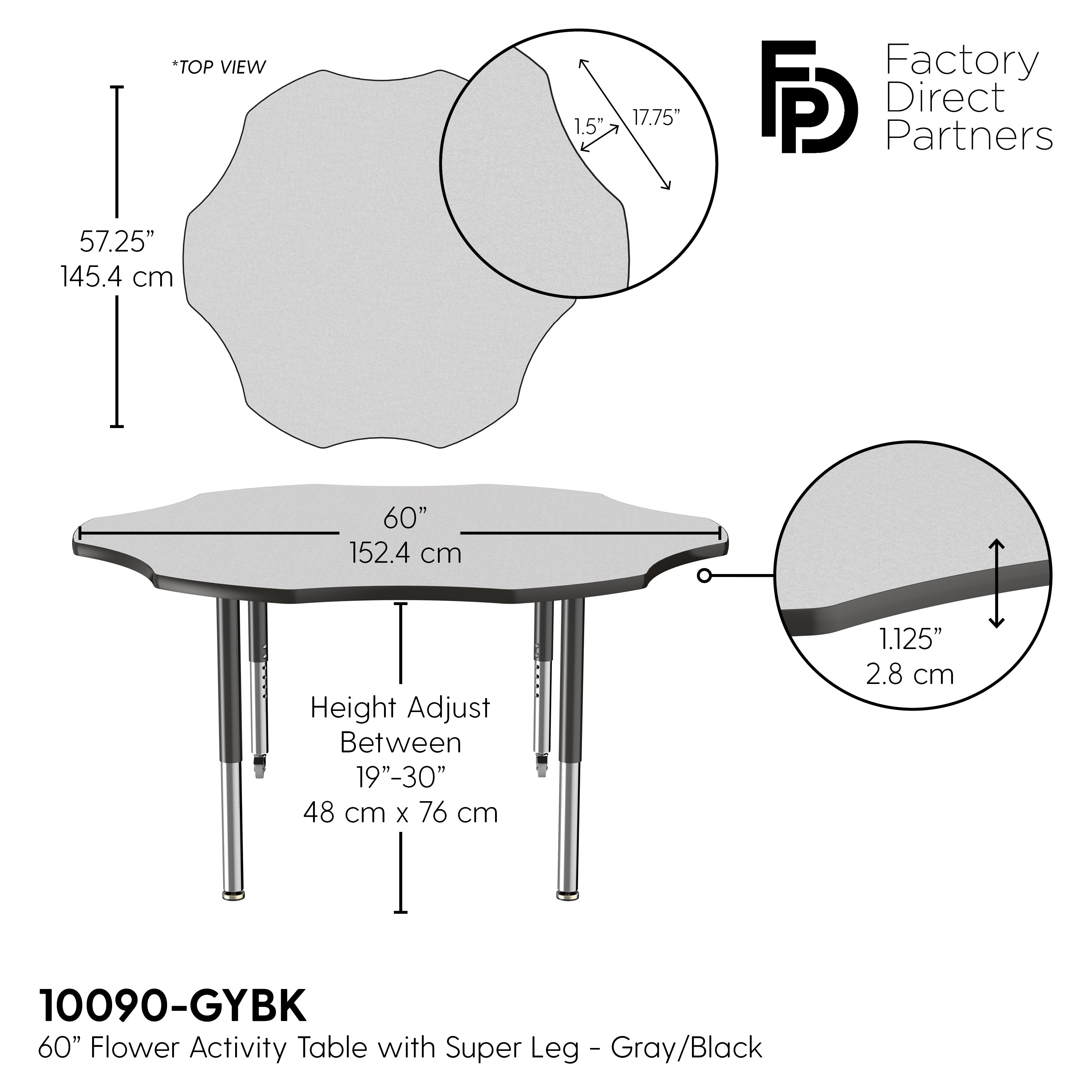 60" x 60" Flower T-Molding Activity Table with Adjustable Super Legs - Gray/Black