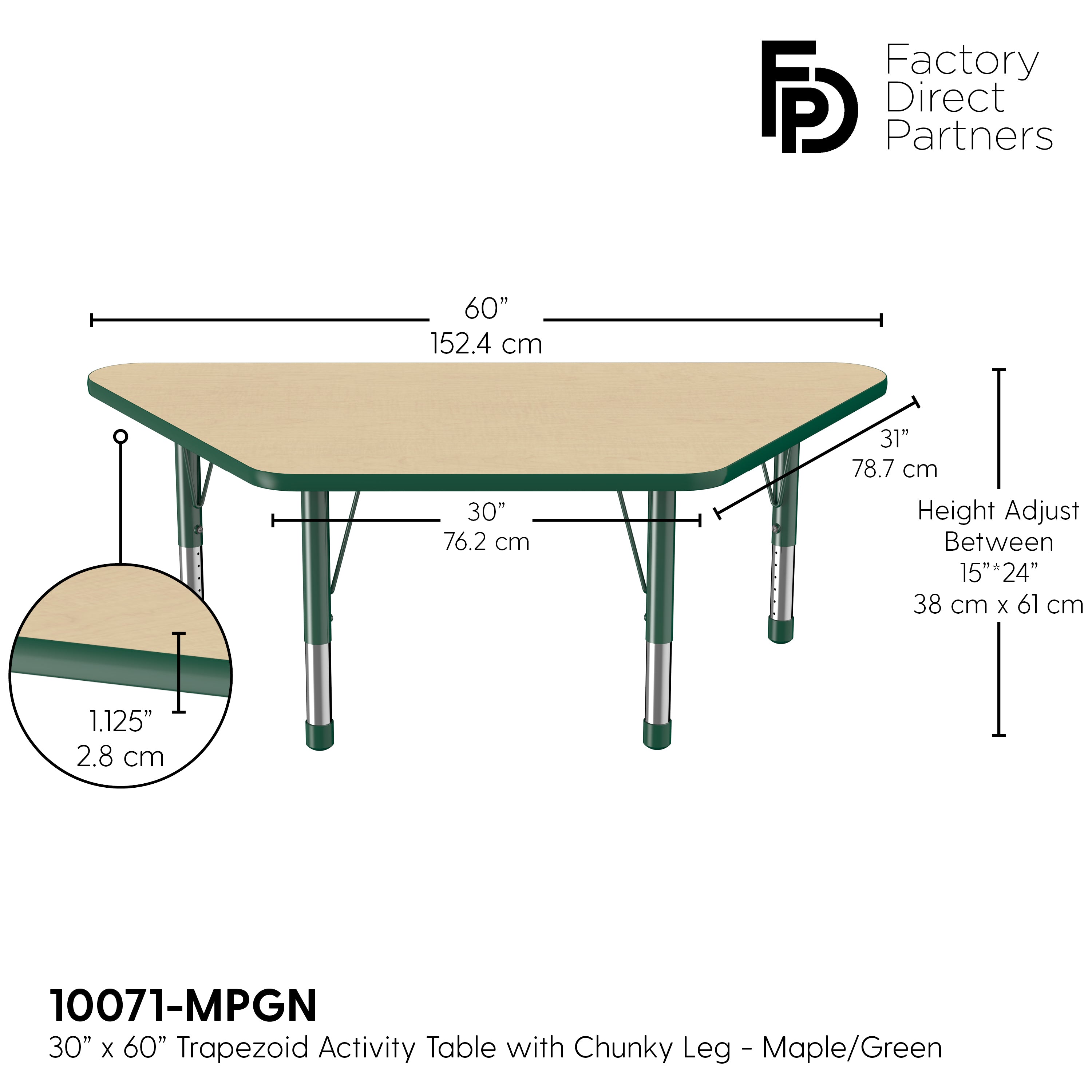 30" x 60" Trapezoid T-Molding Activity Table with Adjustable Chunky Legs - Maple/Green