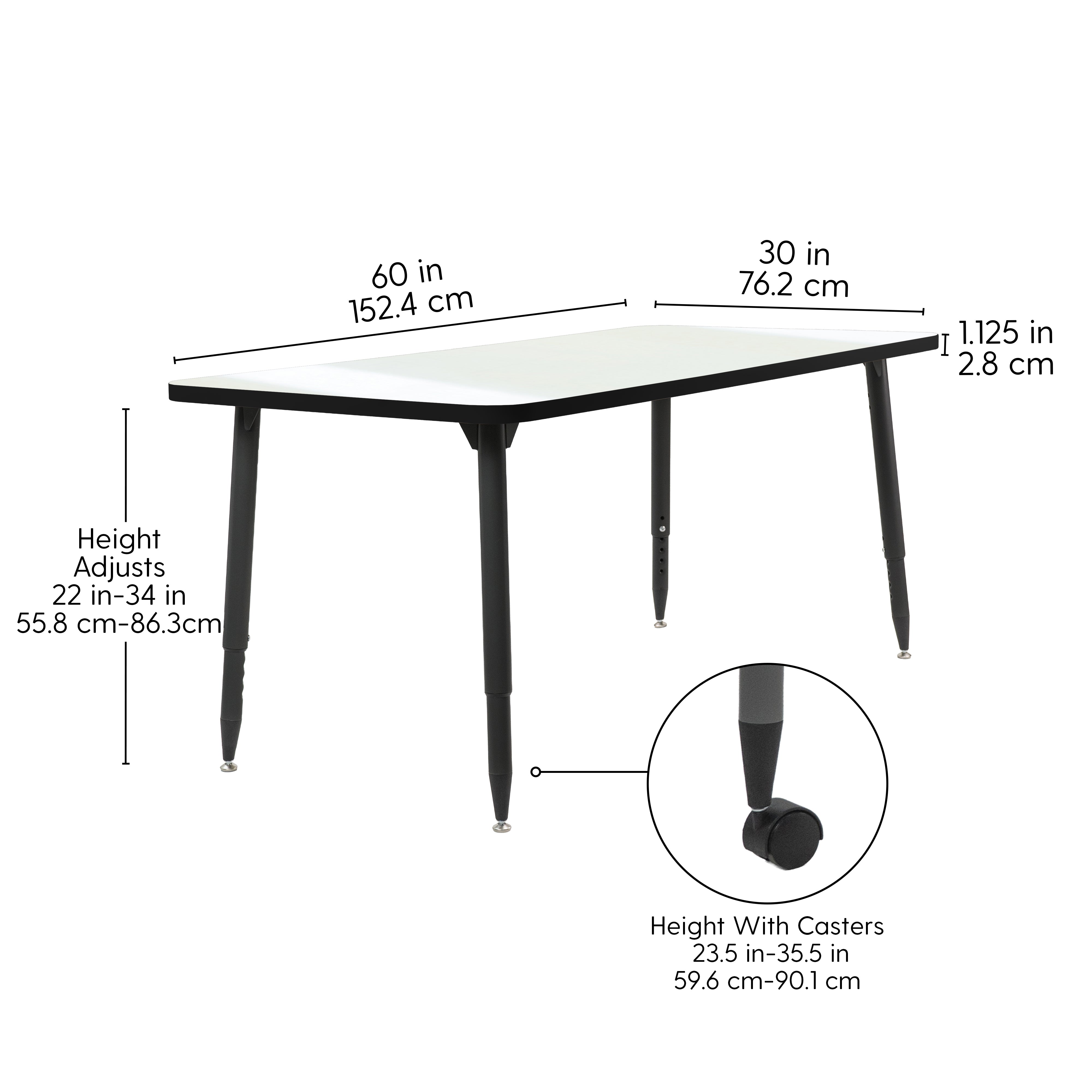 Adapte 30" x 60" Rectangle Dry-Erase Activity Table with Adjustable Tapered Legs - Whiteboard/Black