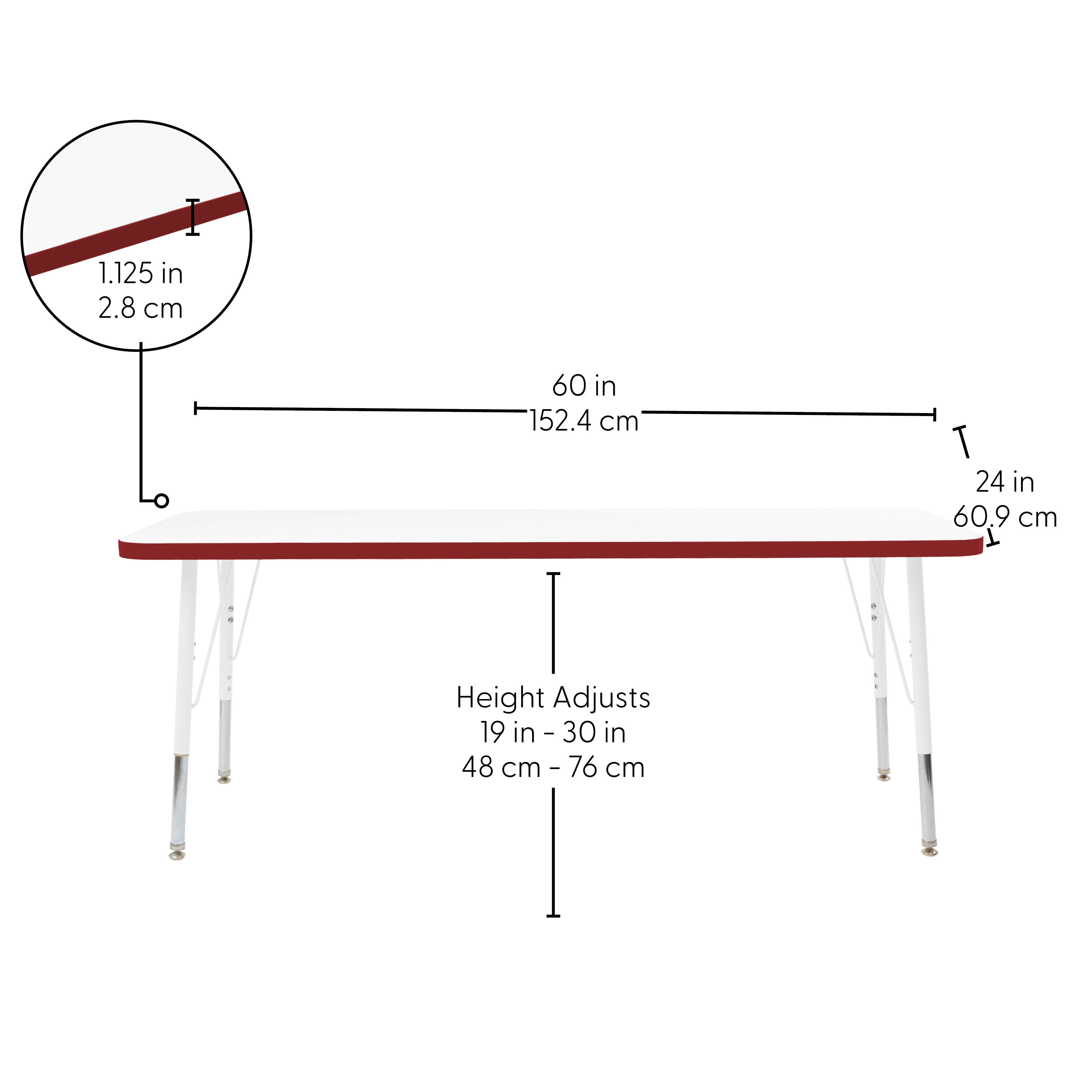24" x 60" Rectangle Thermofused Activity Table with Adjustable Standard Swivel Glide Legs - White/Burgundy/White