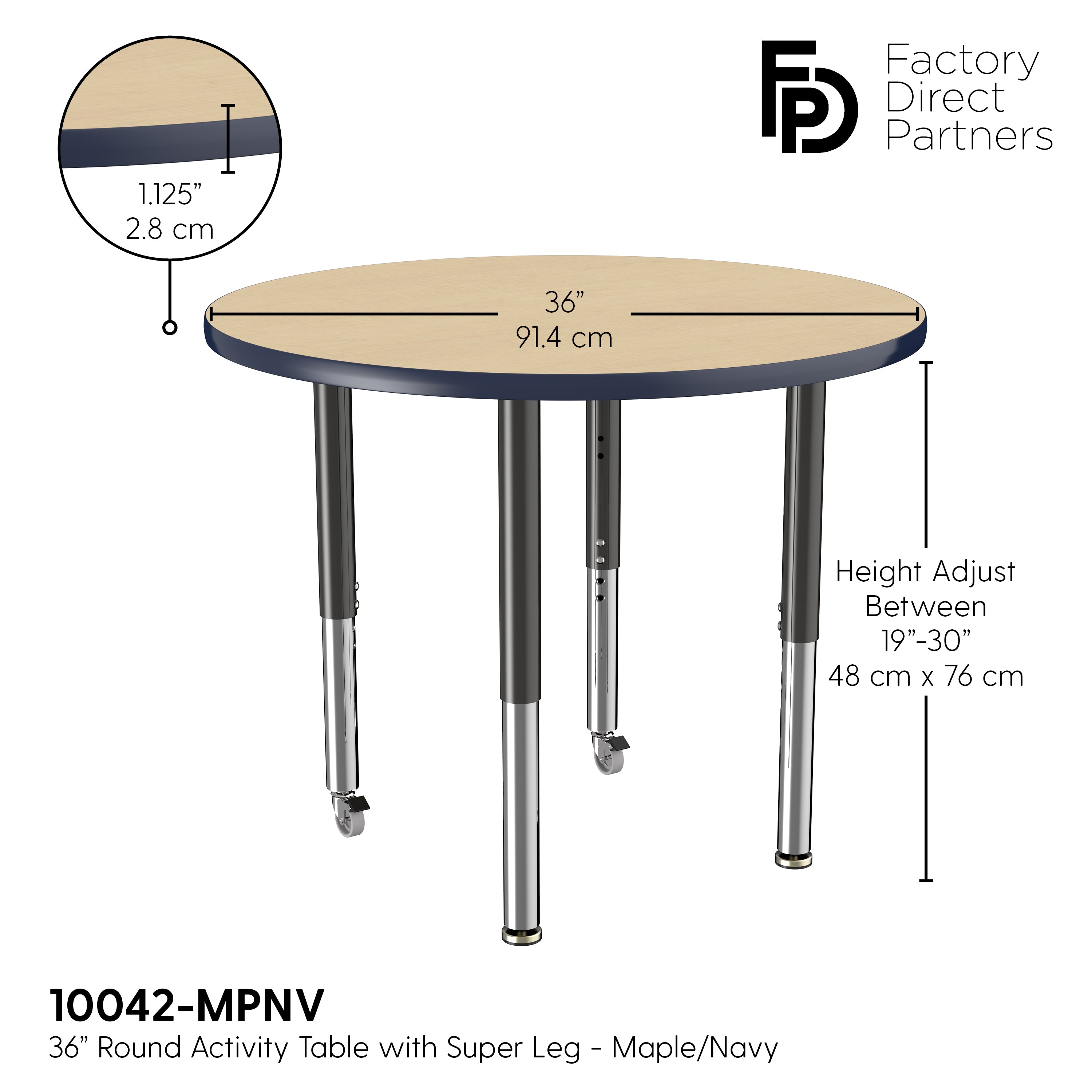 36" Round T-Molding Activity Table with Adjustable Super Legs - Maple/Navy/Black