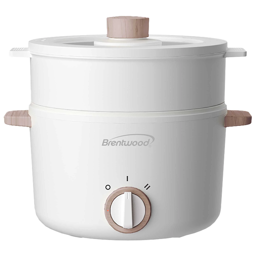 Brentwood 3-Liter Multi-Function Electric Hot Pot Cooker with Ceramic Non-Stick Ceramic Coating and Food Steamer, White