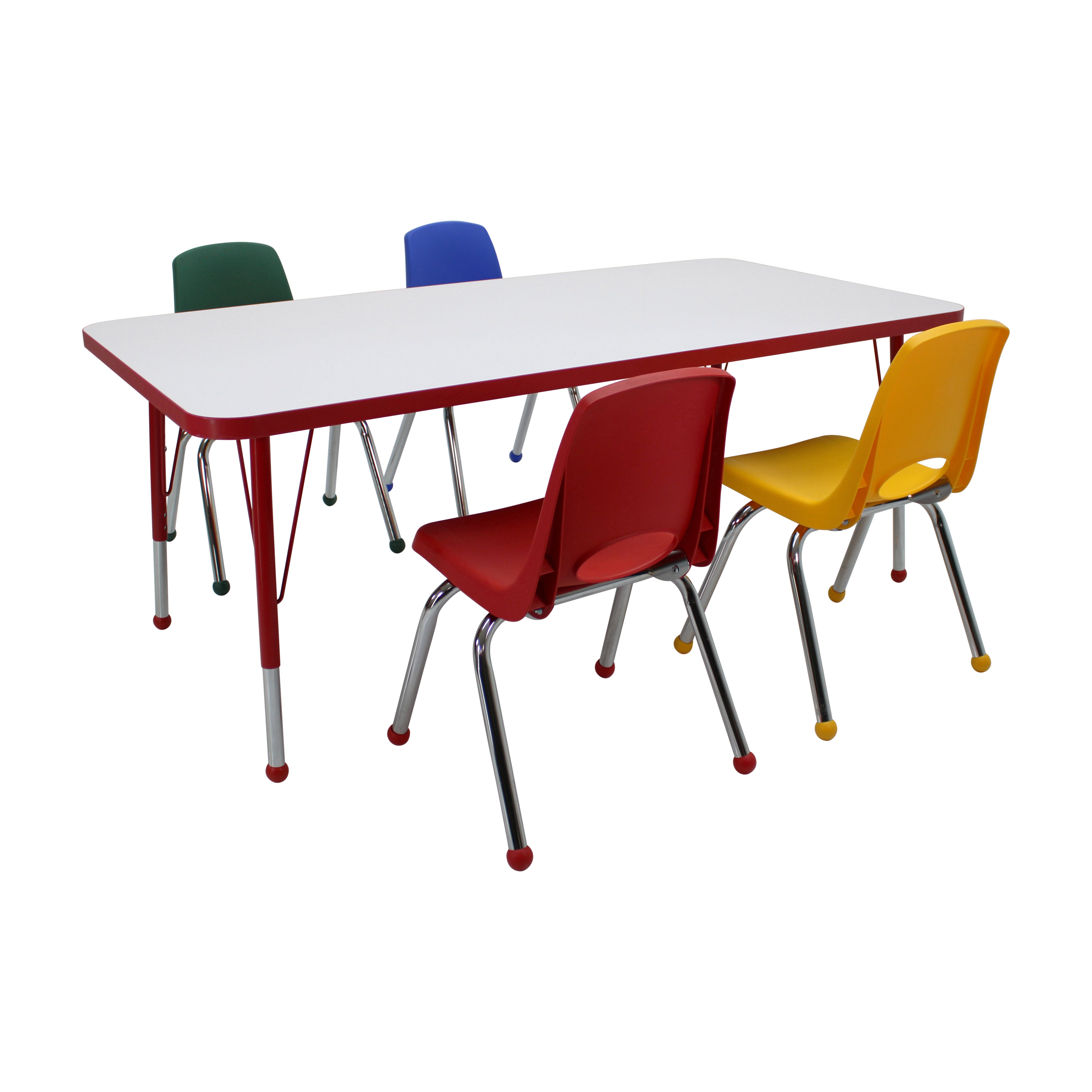 30" x 60" Rectangle Dry-Erase Activity Table with Standard Legs and 14" Stack Chairs with Ball Glides, 5-Piece Set - Whiteboard/Red/Assorted